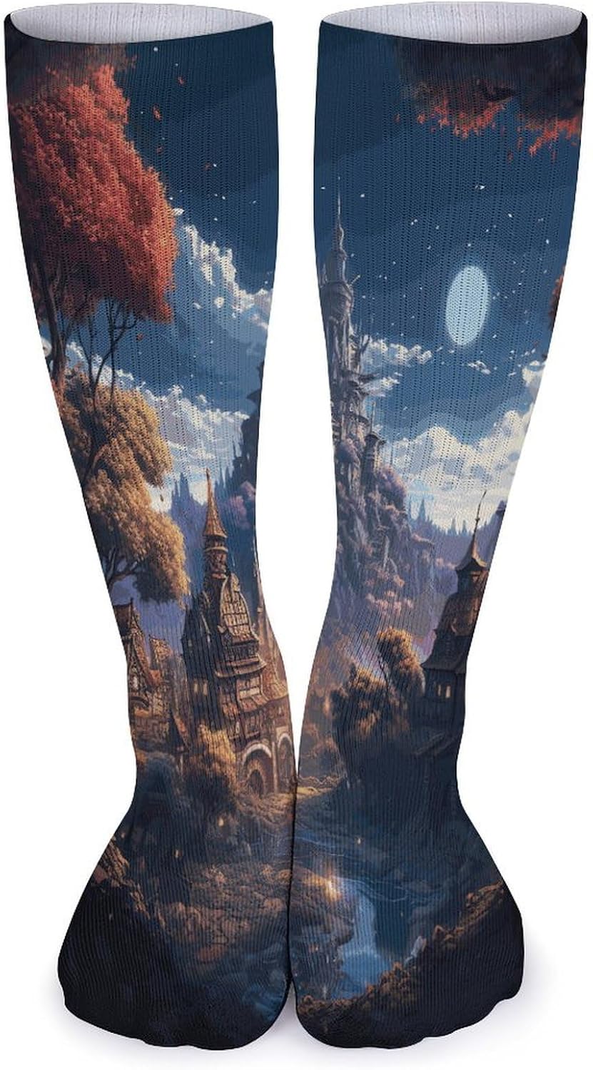 Fantasy Town Knee High Socks Cozy Knee High Socks Soft Mid-Length Sock for All Seasons Daily Wear Adult