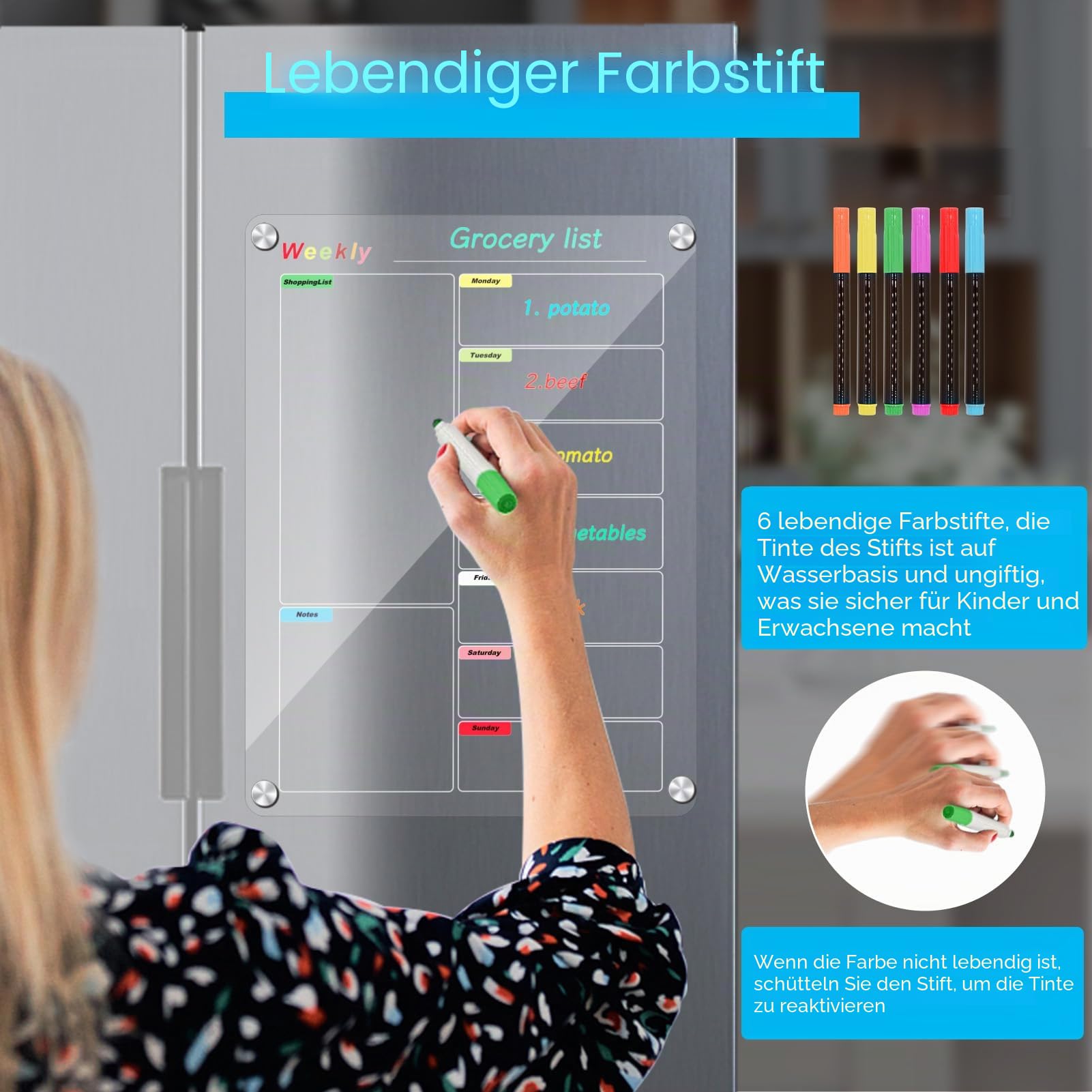 Kühlschrankkalender, Mahlzeitenplanungstafel, trocken abwischbar, Acryl, magnetisch, Monats- und Wochenkalender, Planer für Kühlschrank mit 6 Farbmarkern (transparent, wöchentlich (39,9 x 30