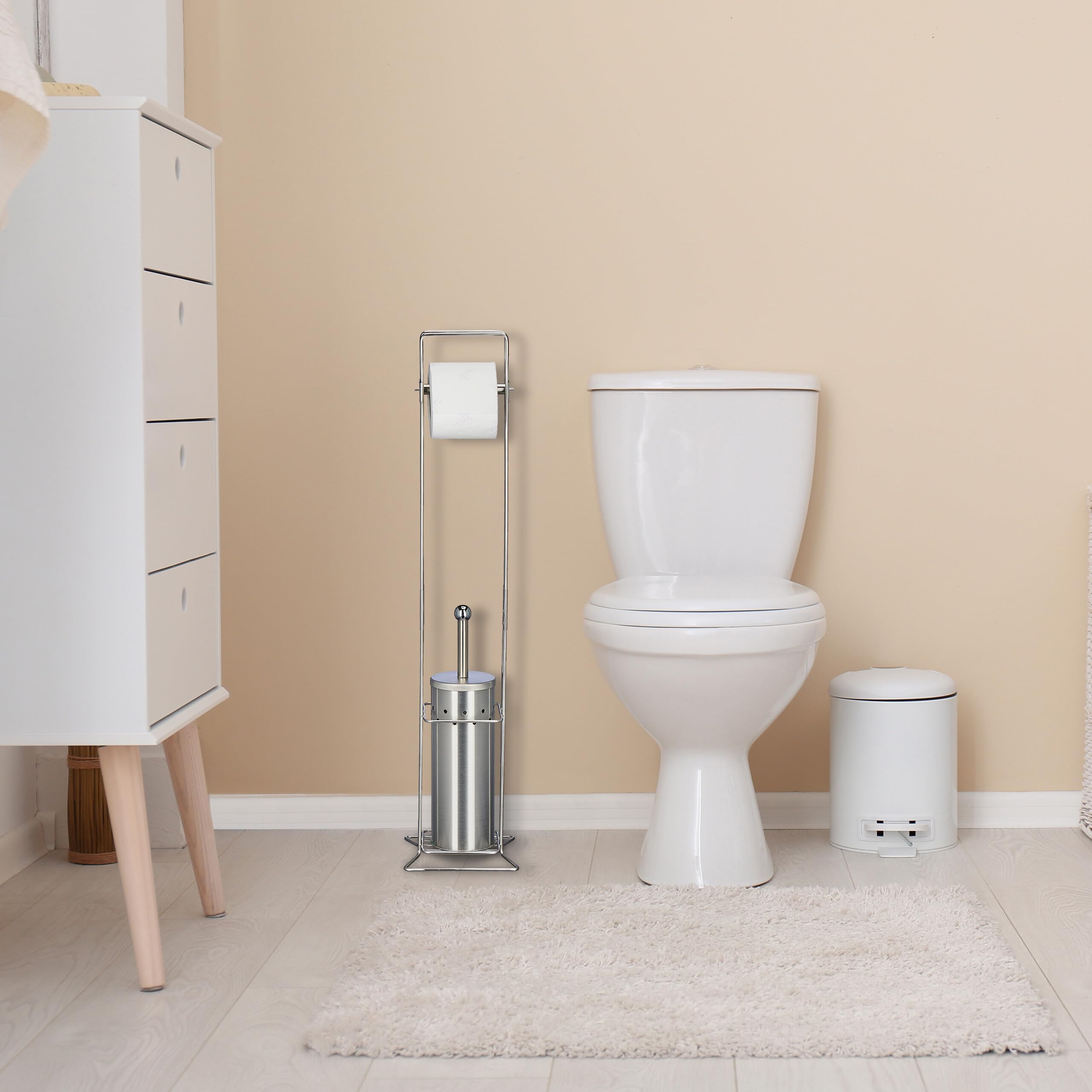 Relaxdays Juego Escobillero y Portarrollos WC, Escobilla Baño y Soporte Papel Higiénico, 78,5x17x17 cm, Acero, Plateado, Inoxidable