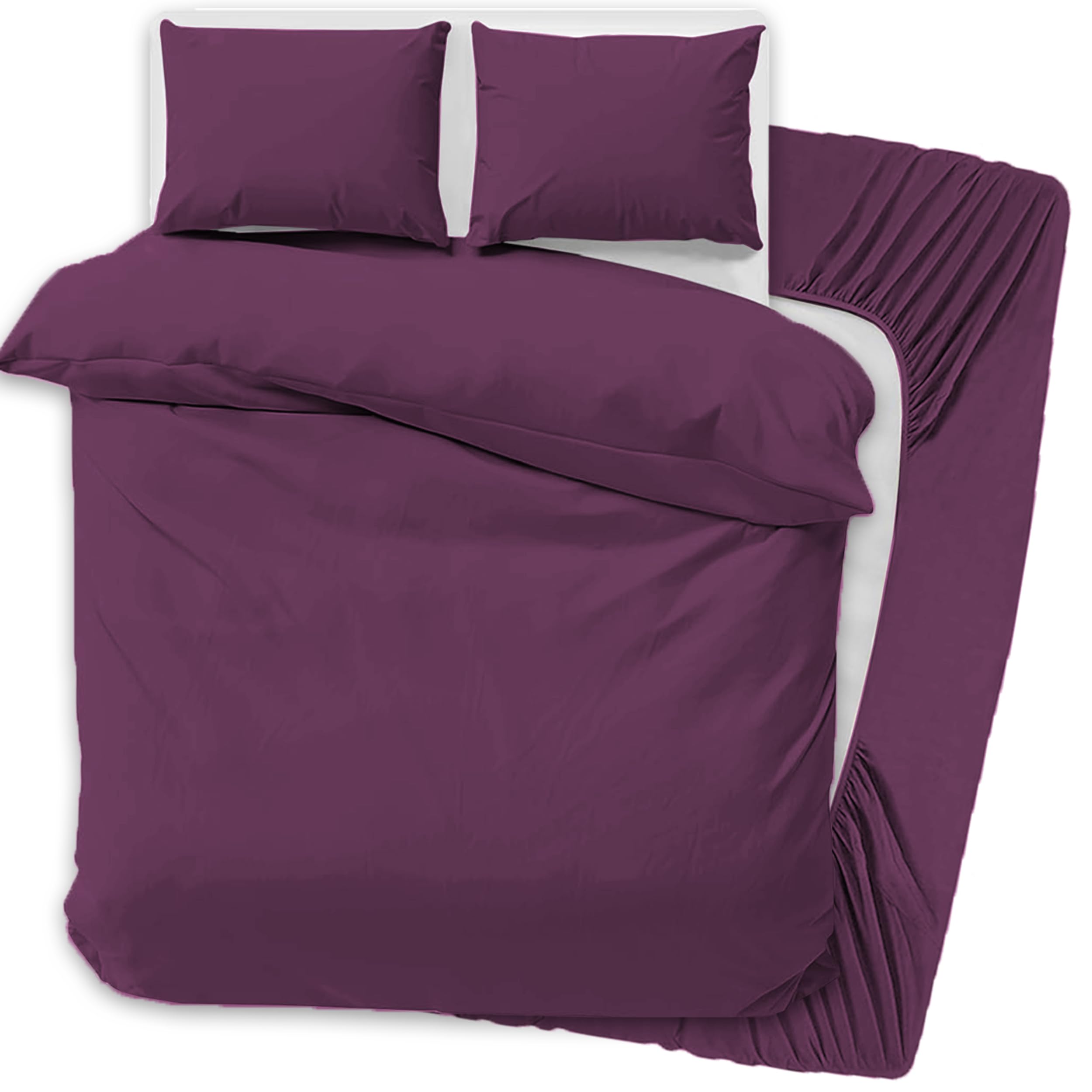 PRIME LINENS 4 Pcs Duvet Cover Set with Matching Fitted Sheet 30 cm Deep - Soft Breathable Premium Microfibre Quilt Cover Bedding Set (Aubergine, Super King)