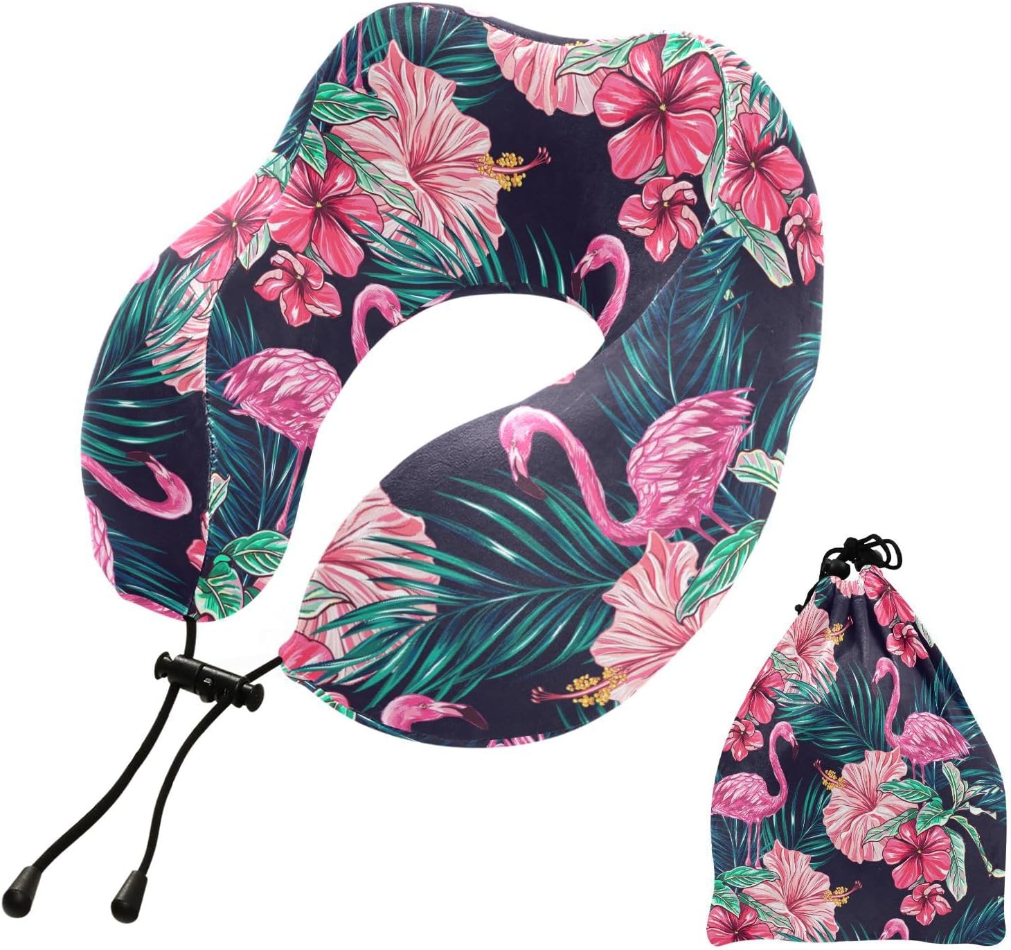Kutsu Leaves and Pink Flamingos Travel Pillow, Portable Memory Foam Neck Pillow with Storage Bag, U Shaped Rest Support Pillow for Sleeping Airplane Car Office Home