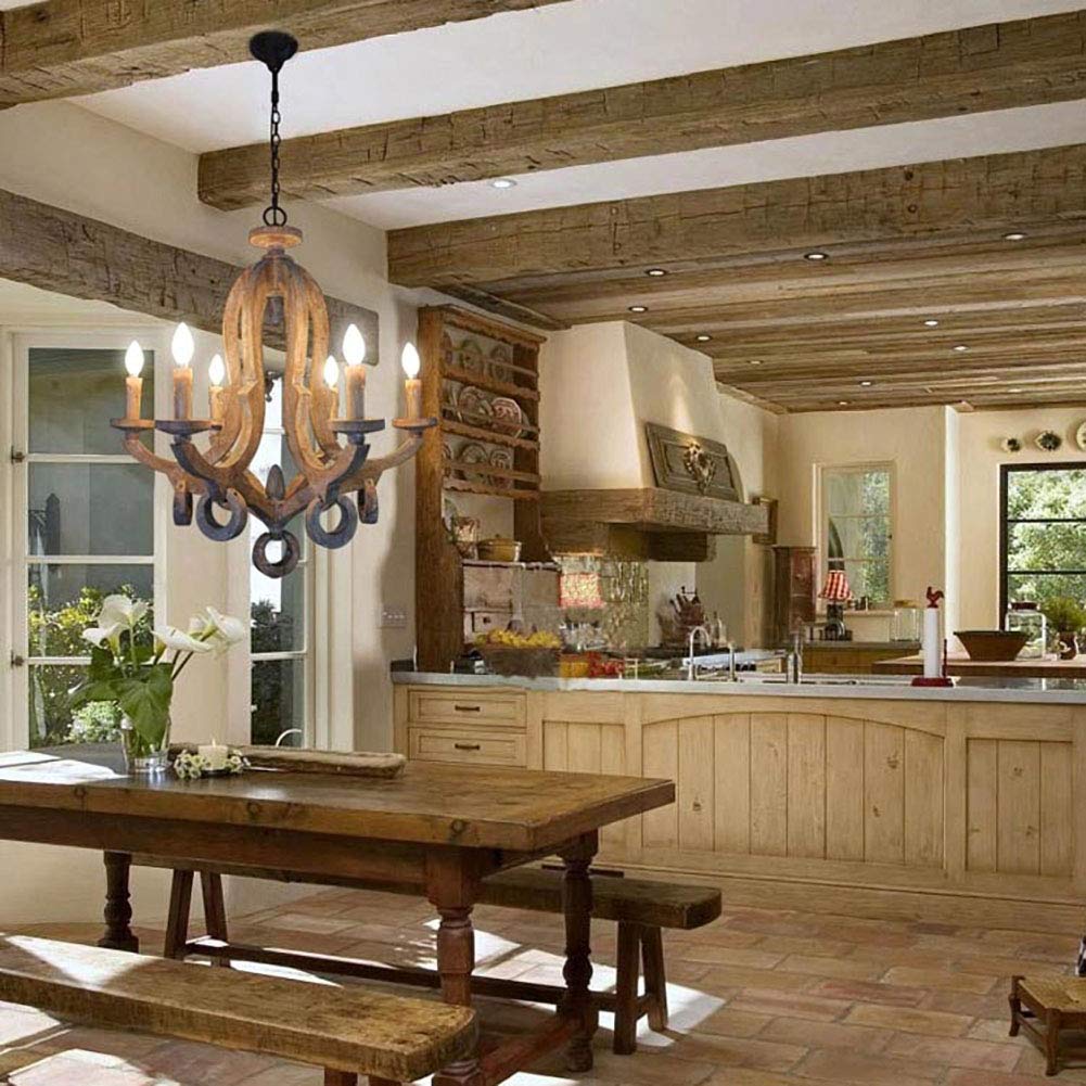 E14 Amerikaner Land Retro Kronleuchter,E14 Elegante Shabby Chic Holz Während Lighting Bauernhaus Deckenleuchten Für Wohnzimmer Schlafzimmer,Rustikalen Einstellbar Kerze Kronleuchte-Retro,Um altes weiß