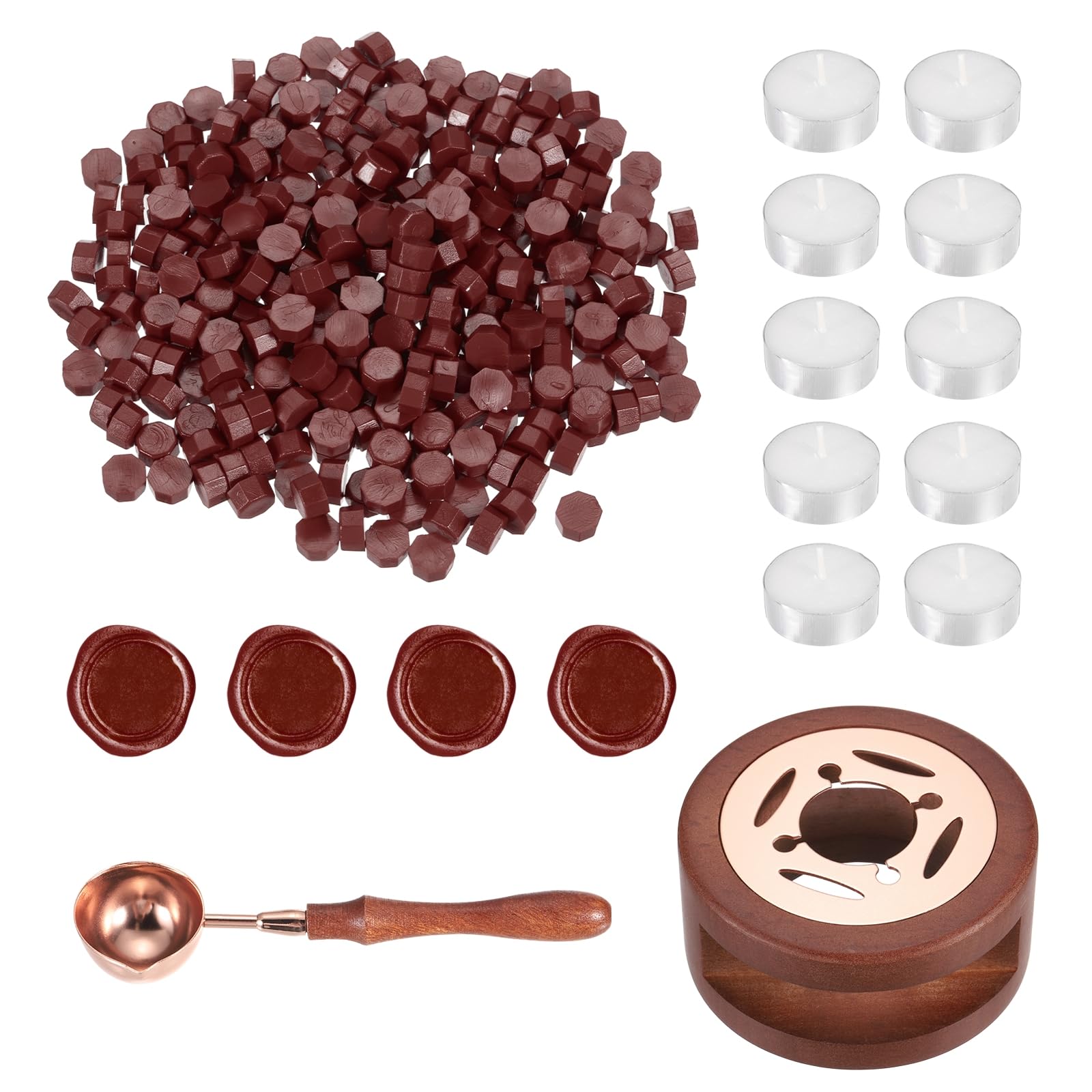PATIKIL Wax Seal Kit, 300 Pcs Wax Sealing Beads, Wooden Warmer, Melted Spoon, 10 Pcs Tealight Candles for Envelope Letter Mailing Crafts DIY, Brown Red