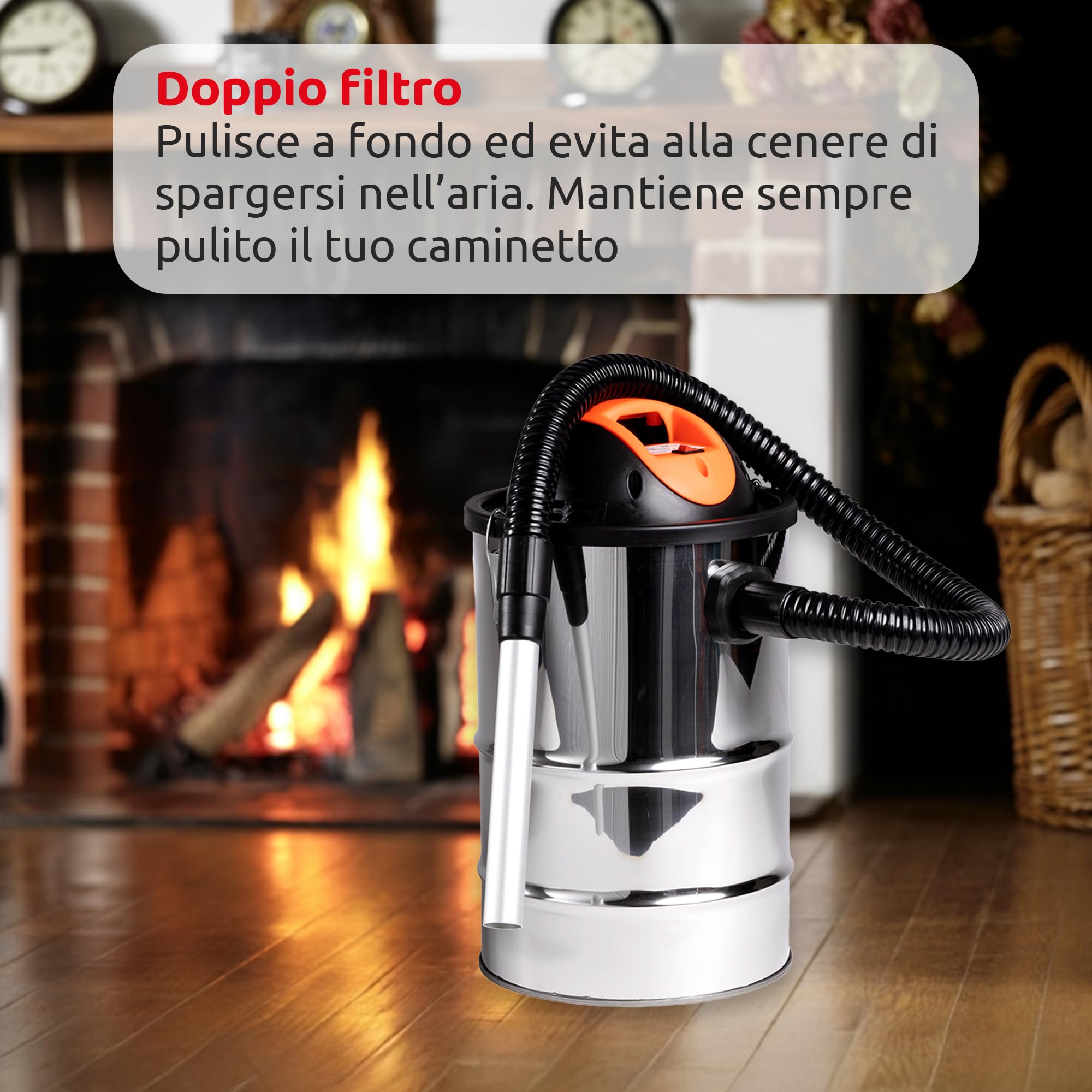 Melchioni Family, CENERELLO, Bidone Aspiracenere in Metallo con Doppio Filtro, Capacità 18 Litri, Nero, Tubo Flessibile 23cm, Cavo 2,3 mt