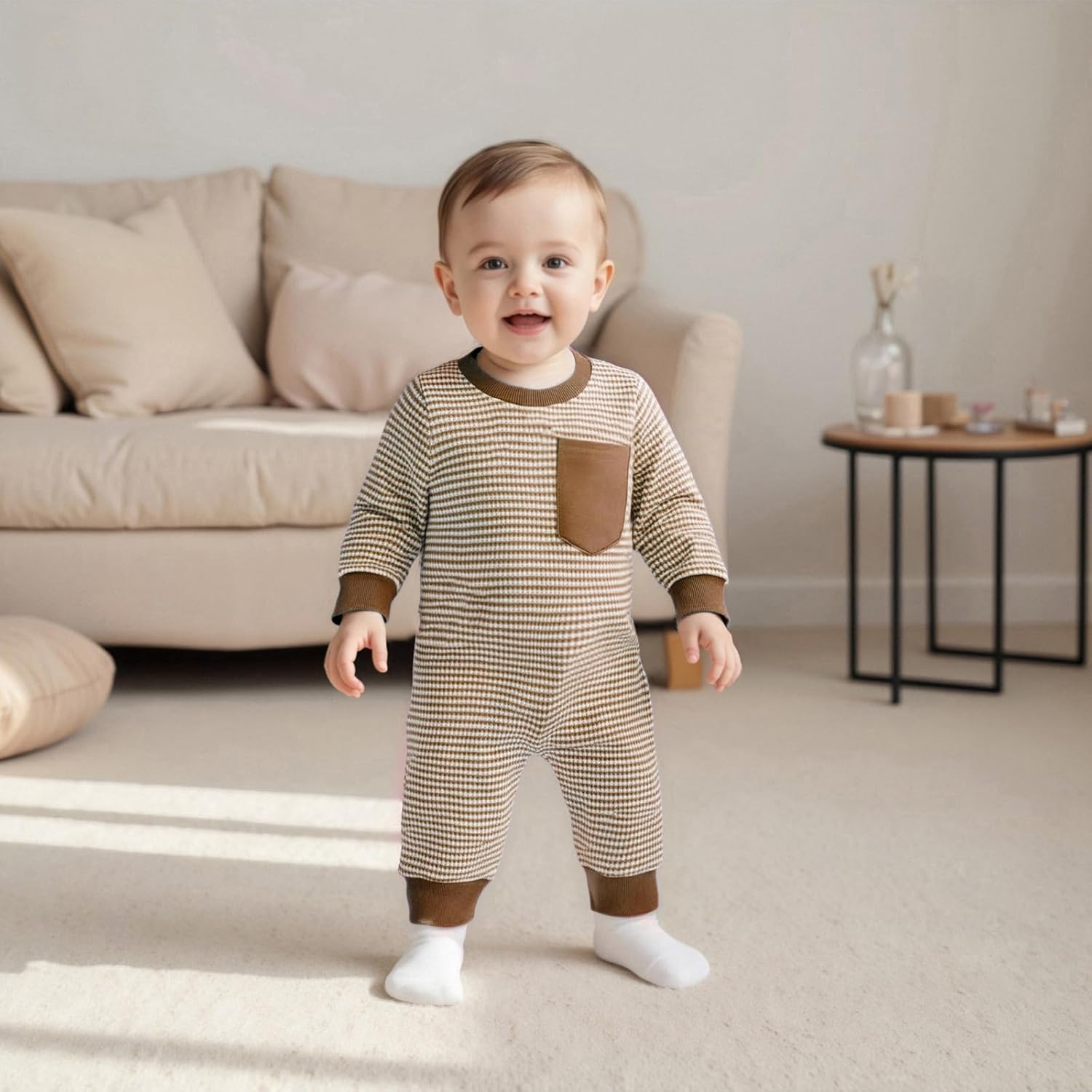 VISGOGO Newborn Infant Baby Boy Waffle Cotton Romper Clothes Onesie Stripe Jumpsuit 0 3 6 12 18 Months Long Sleeve Outfits - Image 2
