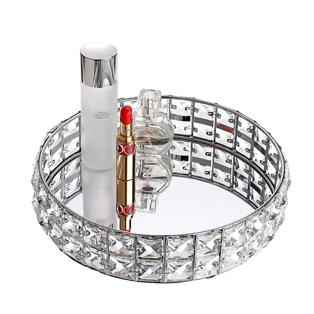 Hipiwe Mirrored Crystal Vanity Makeup Tray - 10 Inches Sparkly Bling Jewelry Trinket Display Tray Decorative Makeup Tray Cosmetic Perfume Organizer Tray for Dresser bathroom Home Decor (Silver)