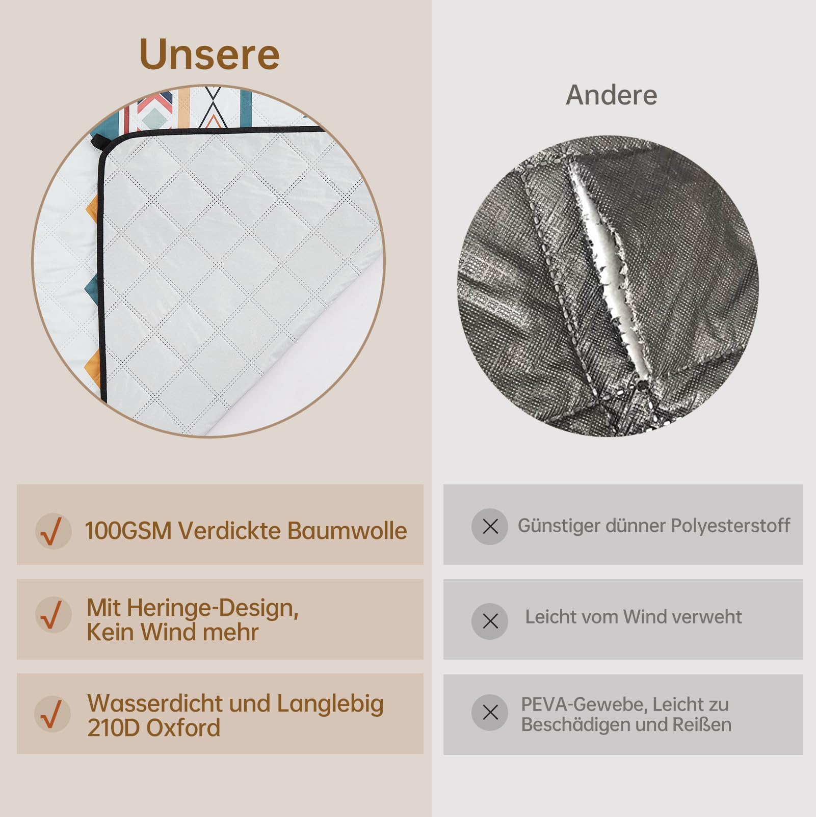 HAUSPROFI Picknickdecke Boho 200x200 cm, wasserdicht & isoliert - Outdoor Decke für Picknick, Strand, Camping, mit Baumwolle gepolstert, inkl. Tragegriff & Heringe, Tragbar, Waschbar & formstabil