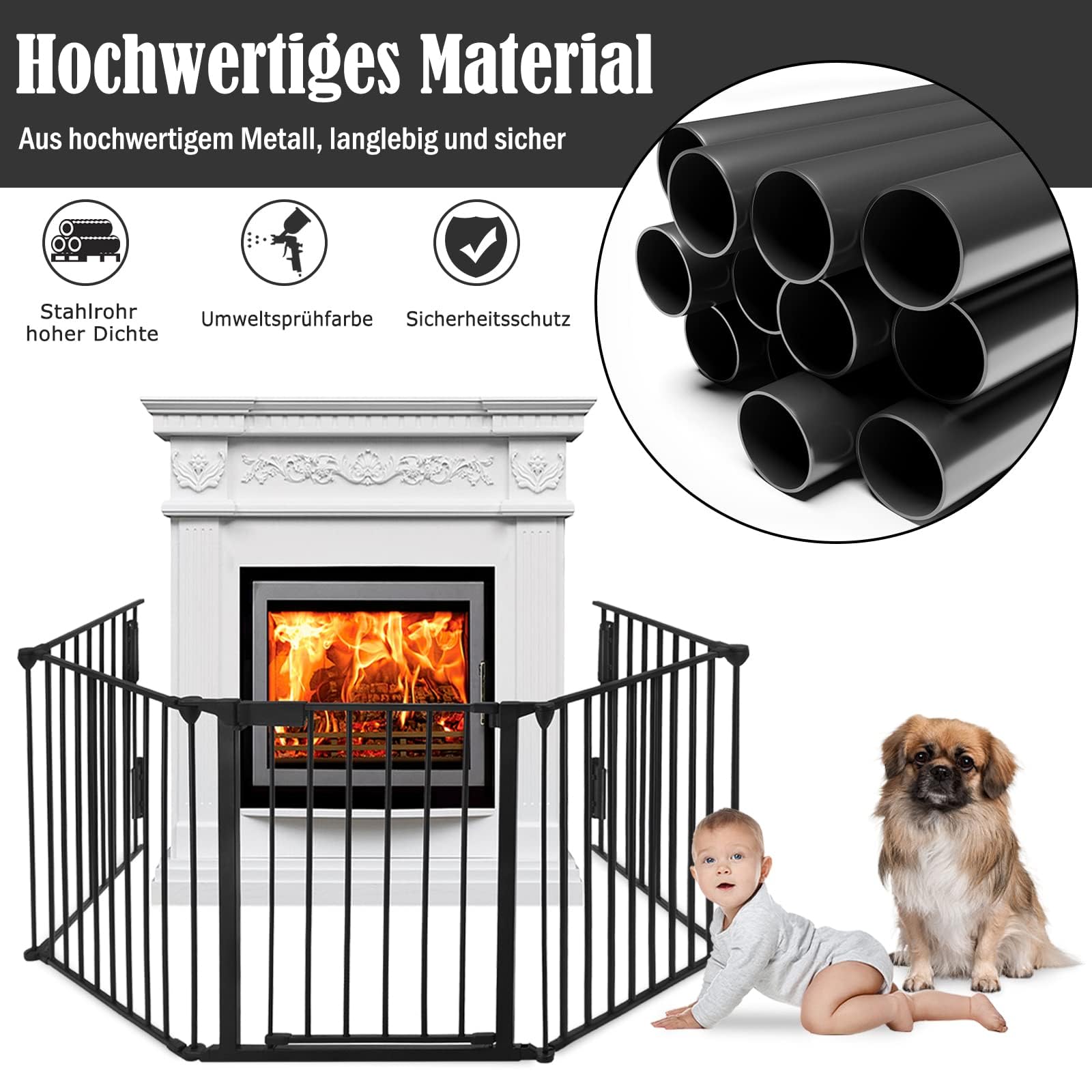 YUENFONG Cancelletto di Protezione, Cancelletto di Sicurezza Barriera per Bambini per Protettiva, Camino, Cani, Animali, Stufa,Pieghevole Grata Stufa Frieplace Guard in Metallo (Nero, 75 x 60cm)-5pz