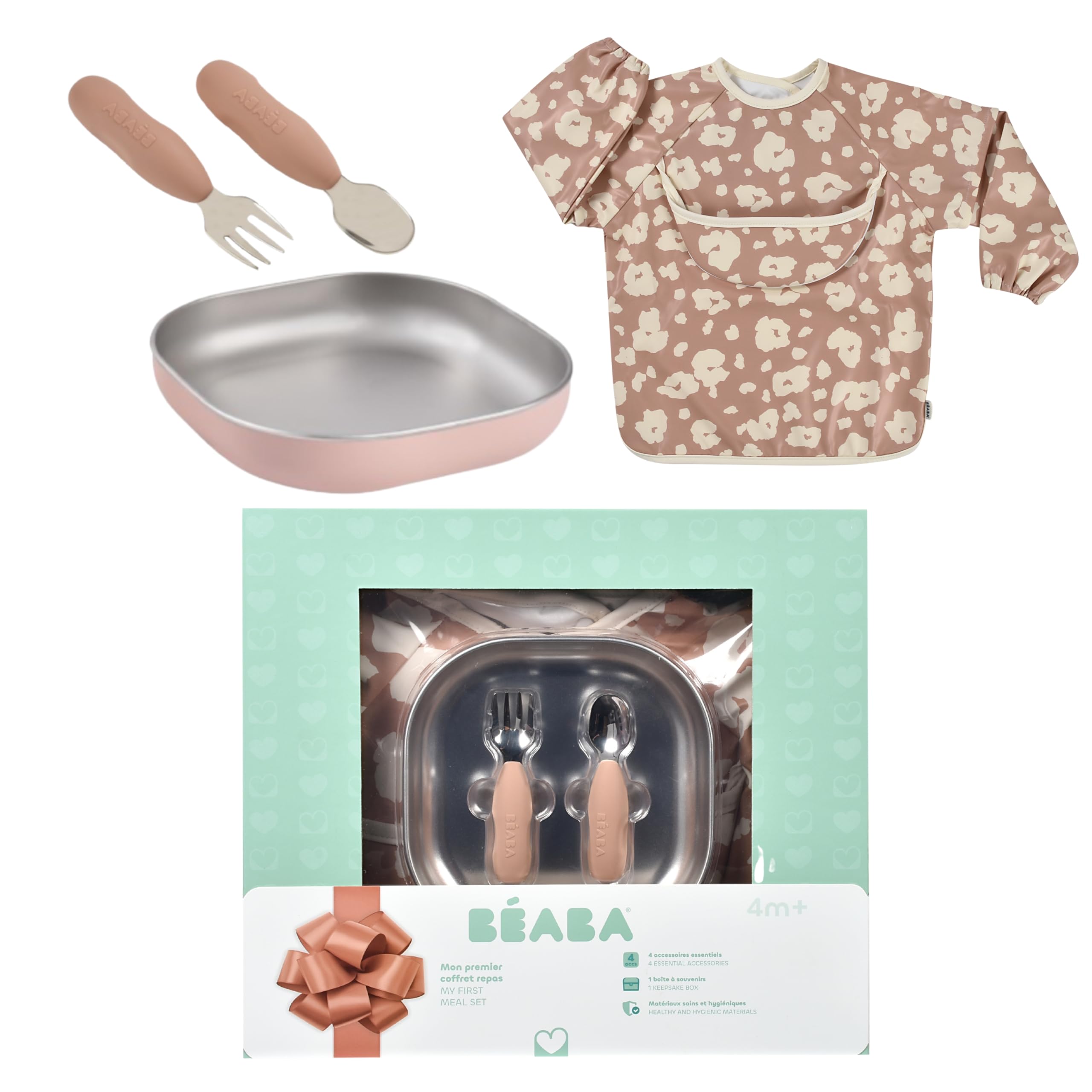 BÉABA Baby Meal Set, Complete Newborn Gift Set from 4 Months, Microwave-Safe Stainless Steel Plate, Ergonomic Cutlery
