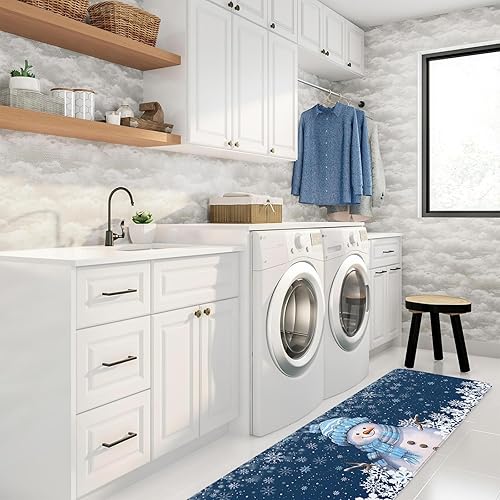 Miniatura 4 de Juego de 2 tapetes de cocina antideslizantes para puerta, tapete azul de muñeco de nieve con tapa, árbol de Navidad, copo de nieve, tapete con