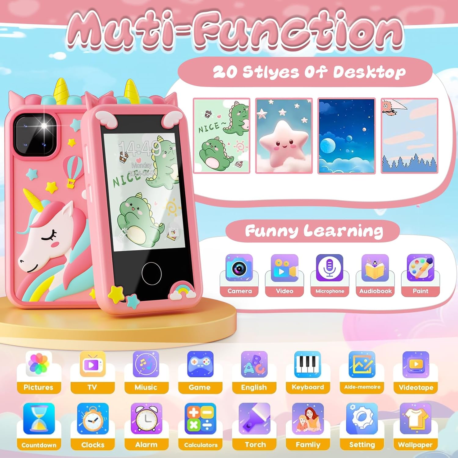 Kids Smart Phone Toys, Touchscreen HD Dual Camera Cell Phone for Kids,Travel Toy Preschool Learning Toy for Kid,Christmas Birthday Gifts Toddler Play Phone for Girls Boys 3-14 Pink