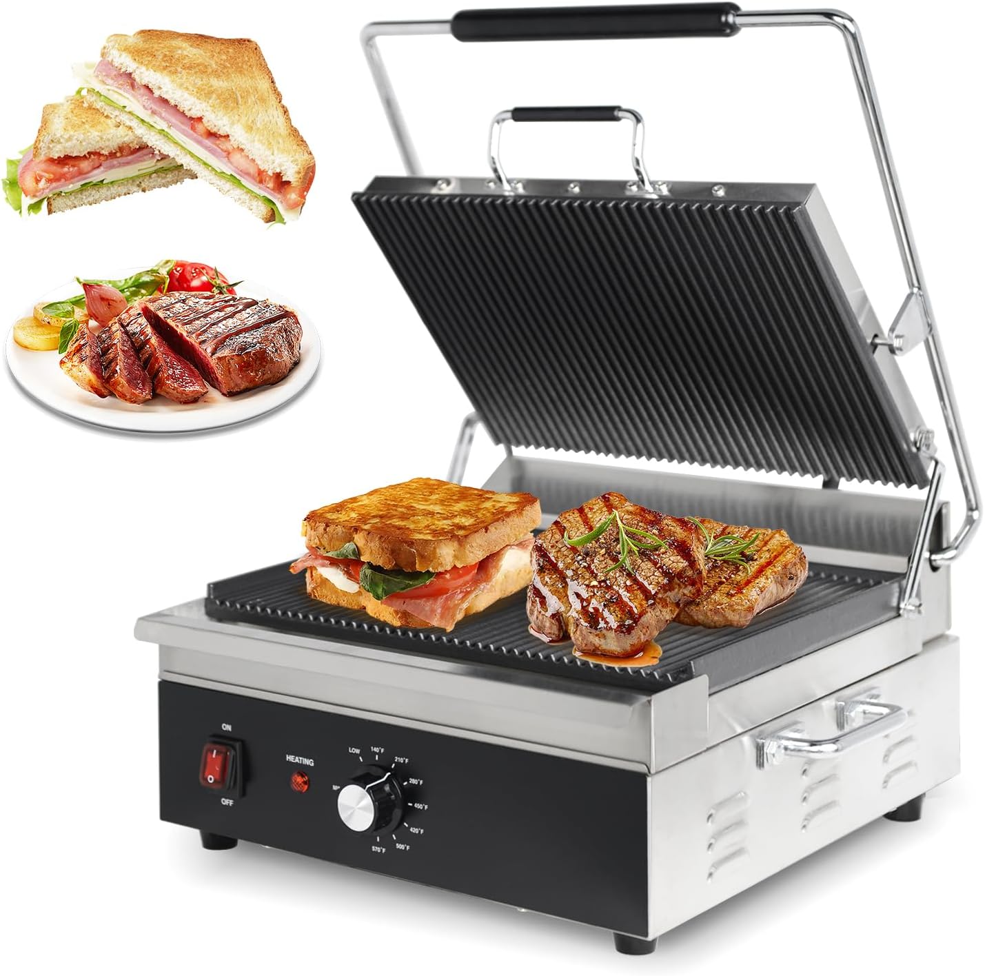 Professional Grooved Panini Press & Indoor Grill, Makes 3 Sandwiches at Once, 15"x11" Cast Iron Plates, 1800W, 32-572°F Adjustable Temp for Home & Commercial Use(CPG-175)
