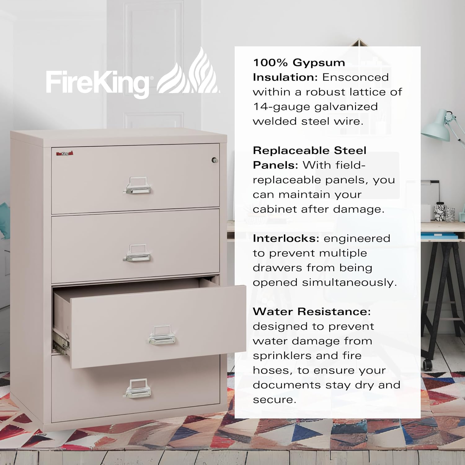 Fireking Fireproof Lateral File Cabinet (4 Drawers, Impact Resistant, Water Resistant), 38" W x 22" D, Platinum, Made in USA