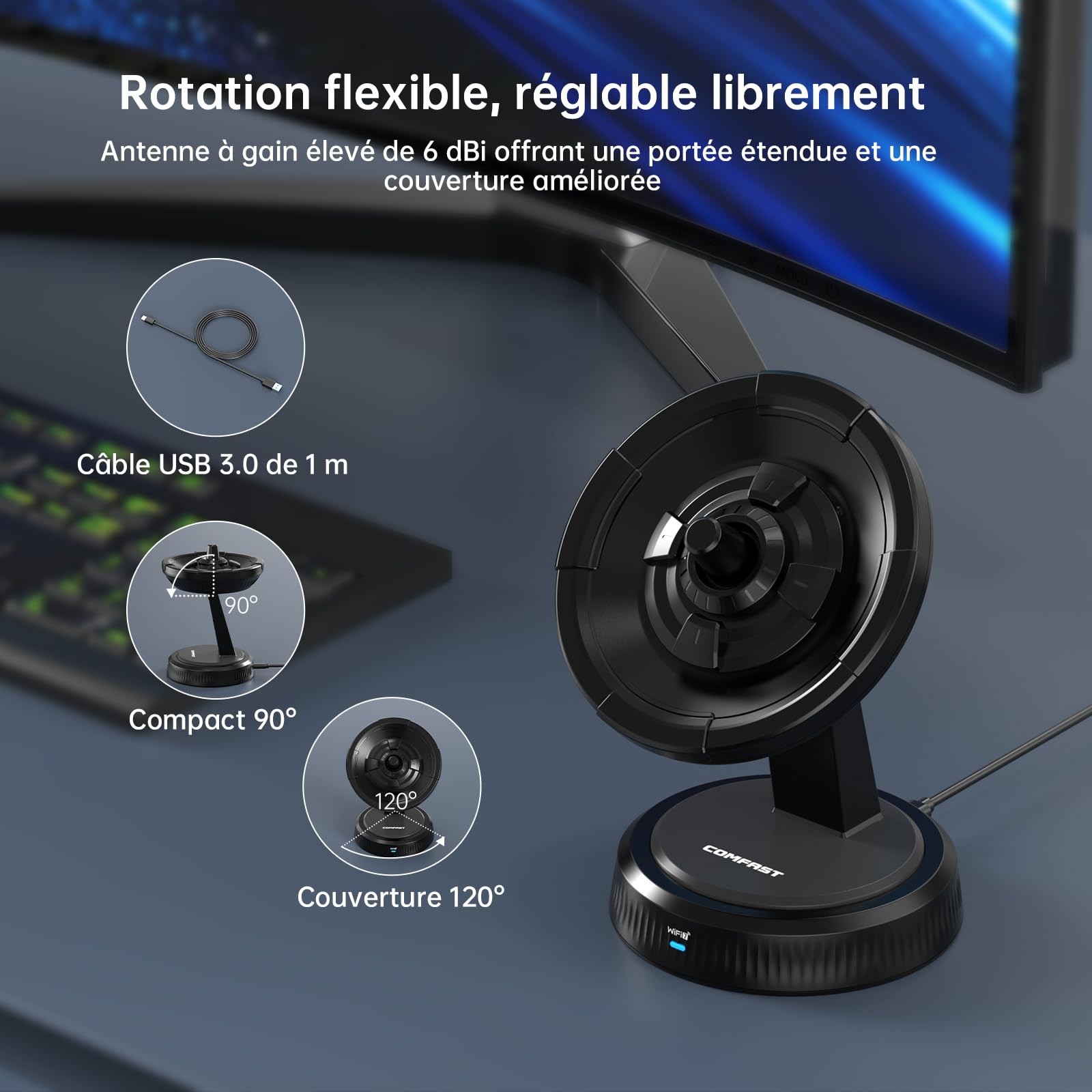 COMFAST Clé WiFi Puissante, WiFi7 BE6500 Mbps Tri-Bande Clé WiFi pour PC | avec Antenne intégrée, USB 3.0, OFDMA, MU-MIMO, WPA3, Compatible avec Windows 11/10