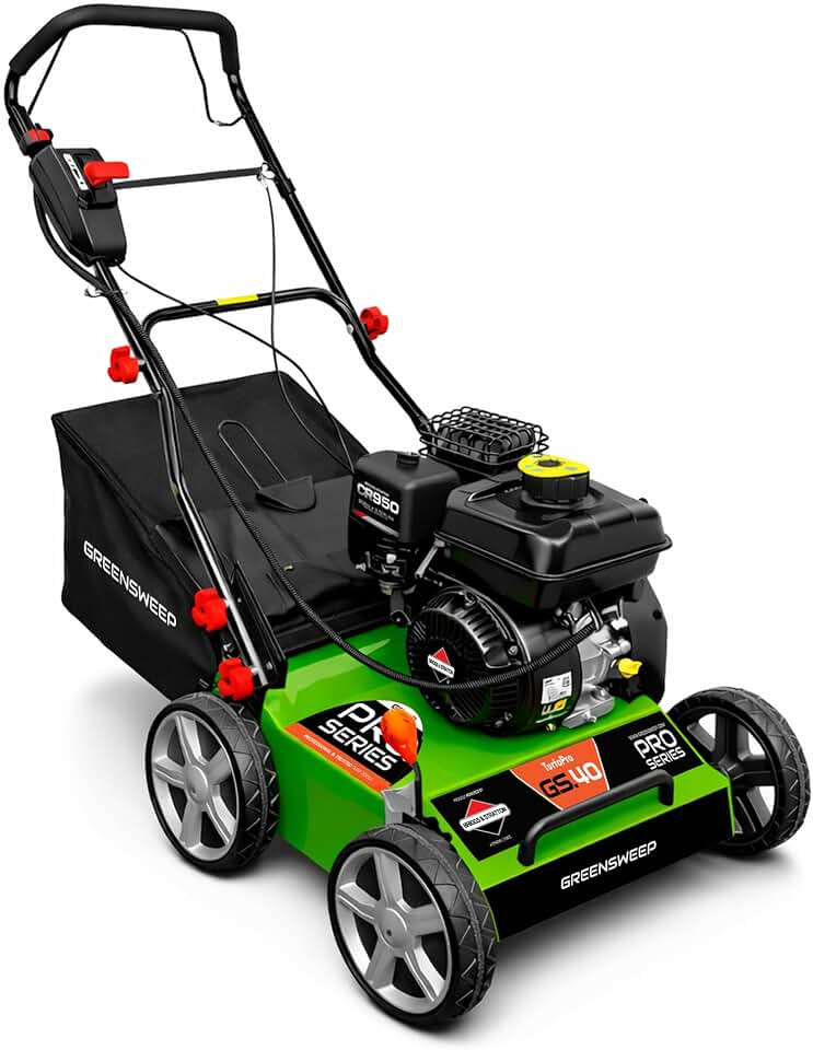 GreenSweep Pro Series - Gas Powered Artificial Grass Electric Sweeper Rake 45L Collection Bag,5 Adjustable Heights, Foldable Handle