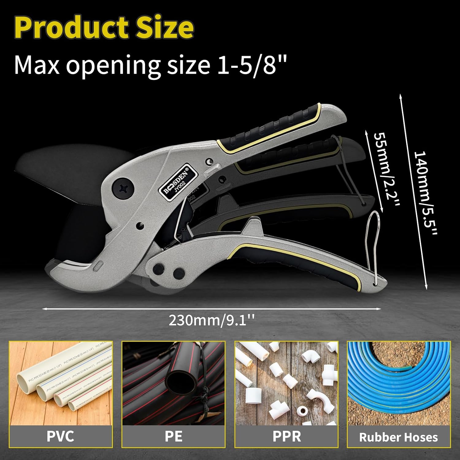 BOOSDEN PVC Pipe Cutter, Cuts up to 1-5/8", Professional Ratcheting Pipe Cutter Tool, Tube Cutter for Cutting PEX, PPR, PE, Plastic Hoses & Rubber Pipes, Suitable for Home Repairs and Plumber