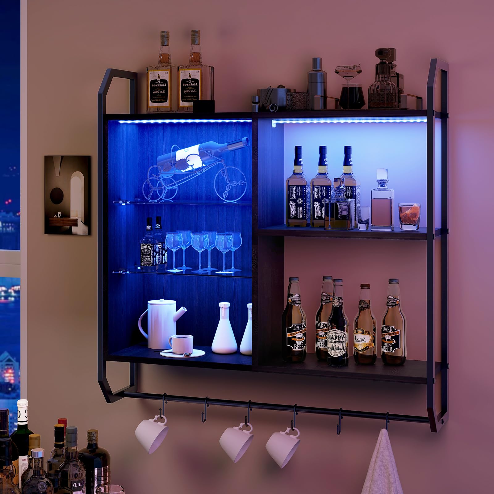 YOURLITE Bar Regal Wand, Schwebende Regale mit LED, Wandregal mit Verstellbarer Glasablage, mit 8 S-förmigen Haken, Wein Kaffee Bar Regal