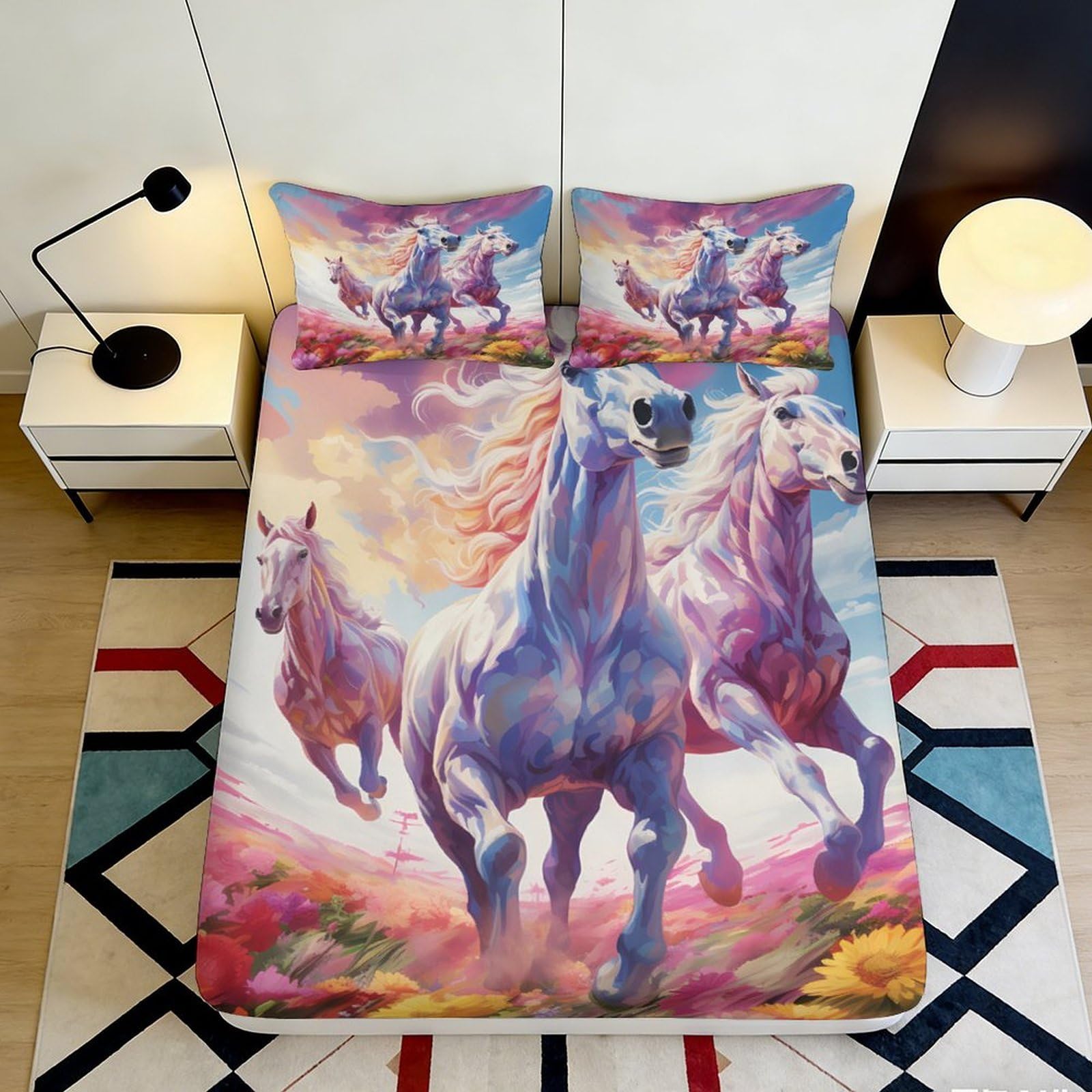 3D Printed Running Horses Fitted Sheet Microfiber Soft Breathable Sunset Wild Horse Mattress Cover for Bedroom Dorm Decor 90x200x25cm