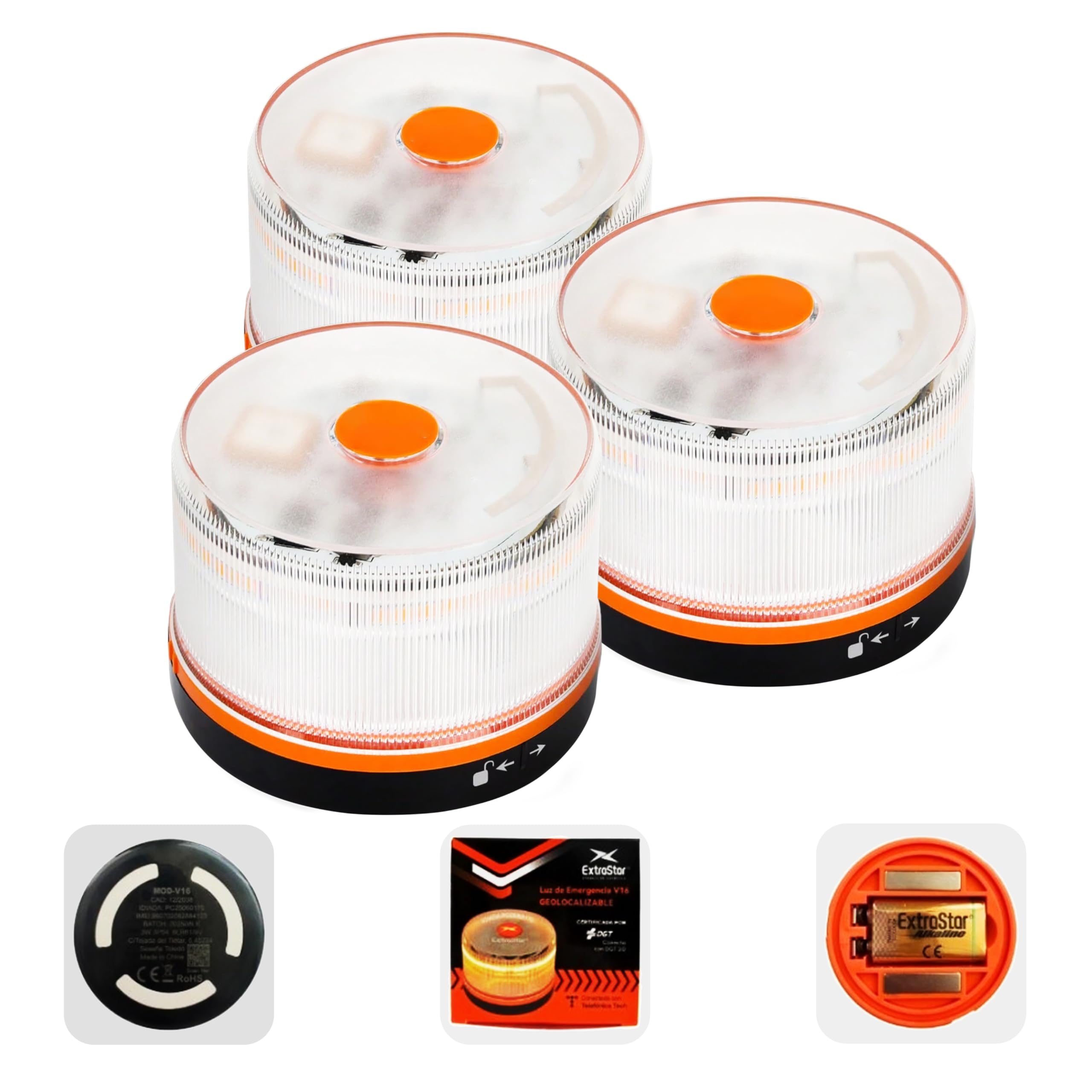 HIBRON EXTRAHOUSE Luz Emergencia BalizaV16 Homologada DGT con Geolocalización, Baliza Coche Conectada DGT 3.0, Datos Incluidos hasta 12/2038, Pack 3 Unidades