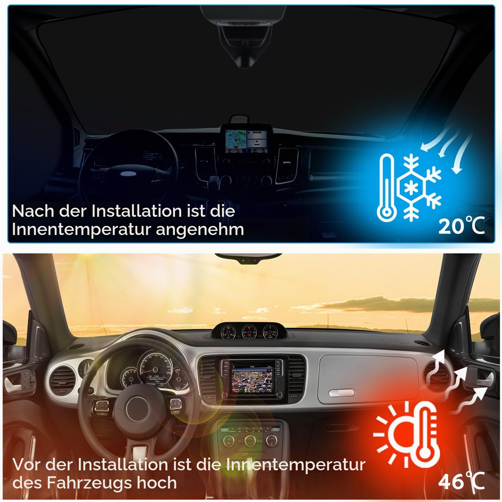 Thermomatte Fahrerhaus Innen für 2012-2022 Ford Transit Custom Tourneo Custom, 3 Stück Faltbare Isolierte Sonnenschutz Frontscheibe Innen für Wohnmobil Privatsphäre & Blockiert UV Strahlen
