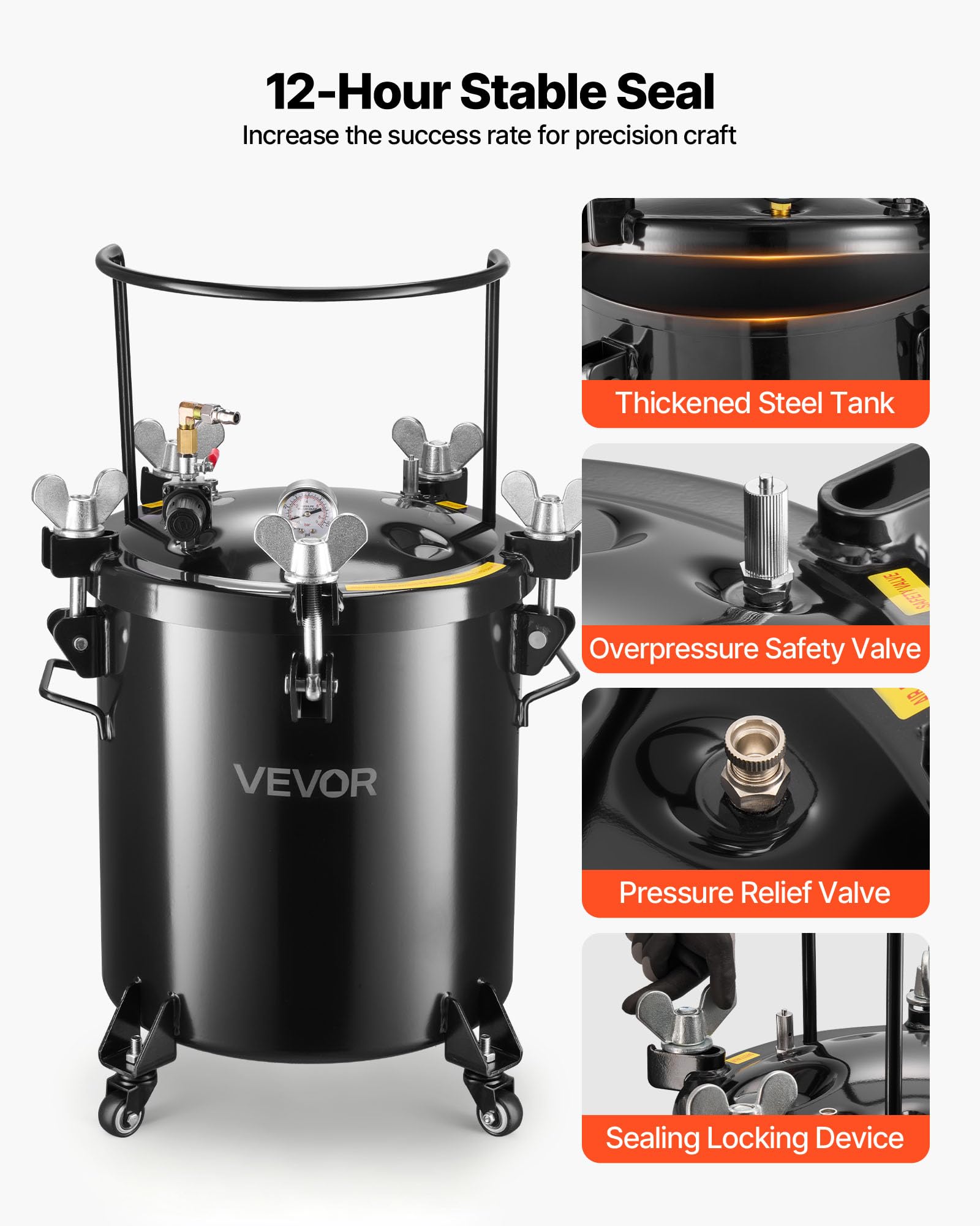 VEVOR Tanque de Presión Capacidad de 40 litros, con 3 Conectores Rápidos UE/AU/EE. UU. para Aficionados al Bricolaje Artistas de Estudio Creadores, con 4 Ruedas, hasta 0,55 MPa, 450 x 450 x 740 mm
