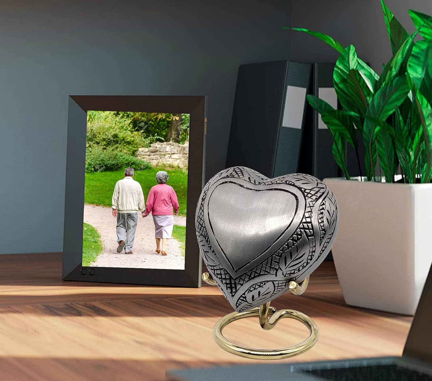 5MOONSUN5's Handcrafted Heart Urn Keepsake Cremation for Human Pet Ashes Engraved Heart Shaped for Adults & Infants Honor Your Loved One, Silver, Comes with Brass Stand & Premium Box