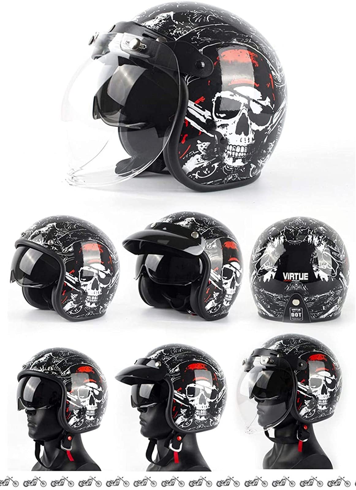 Casque Moto Demi-jet Homologué ECE - Visage Ouvert Pare-soleil - Style Rétro Vintage - Pour Hommes Femmes Enfants