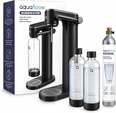 AquaFloow Saturator do wody, czarny z butlą CO2 i 2 butelkami po 0,8 l | Do zimnej wody, działa bez prądu i pozwala dopa