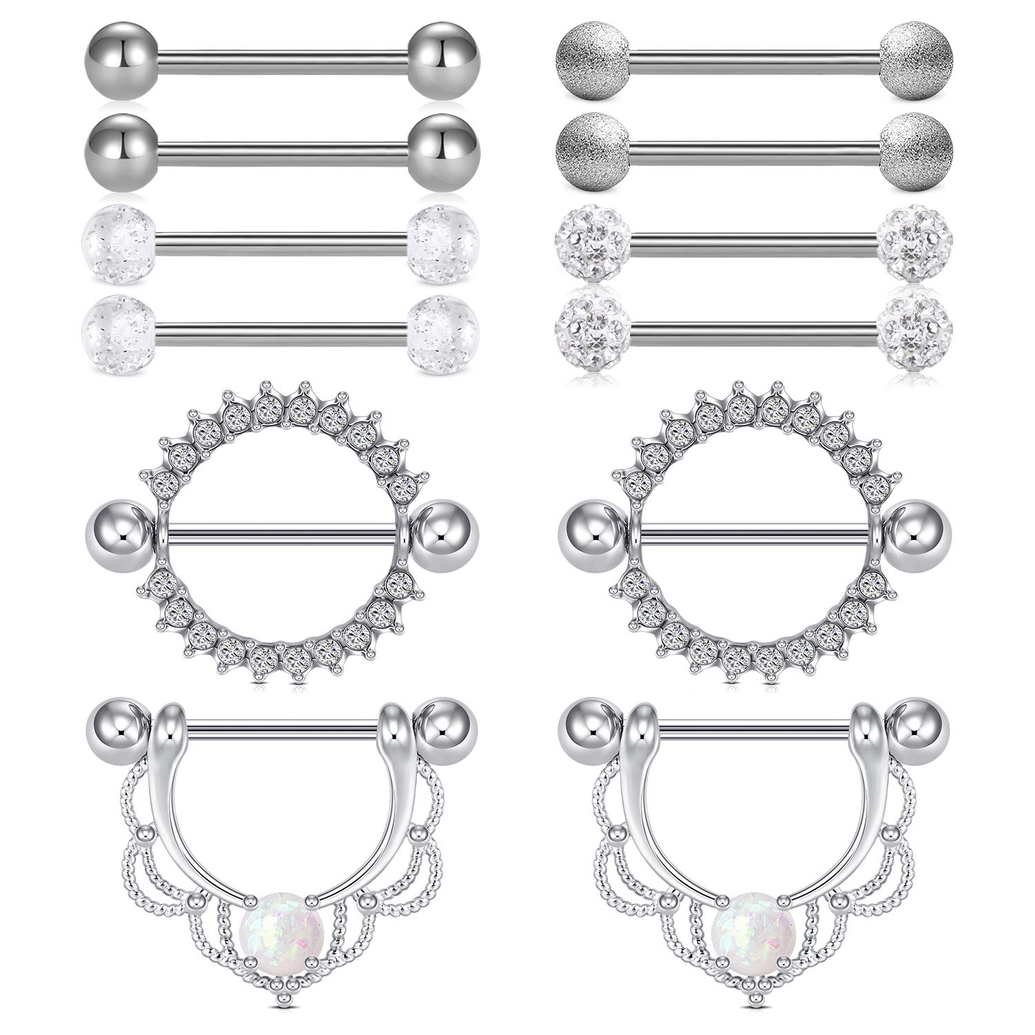 Briana Williams 6 Pares Piercing Pezón Aros Pezón Acero Quirúrgico 14G 16mm Colgar Cadena Lengua Barbell Recto CZ Ópalo Diamante Pendientes Cuerpo Joyas Plata Oro Rosa