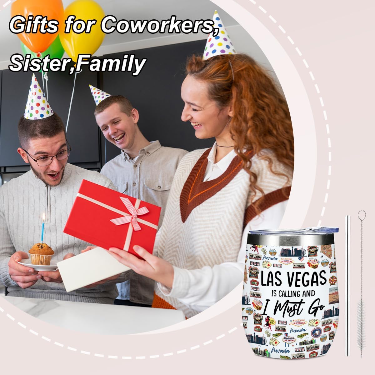 Las Vegas Souvenir Wine Tumbler 12 oz Insulated Wine Glass Cup with Lid Straw Vacuum Insulated Travel Cup,Travel Weekender Gifts for Women Sister Christmas Birthday Halloween Girls Trip Gifts Favors - Image 6