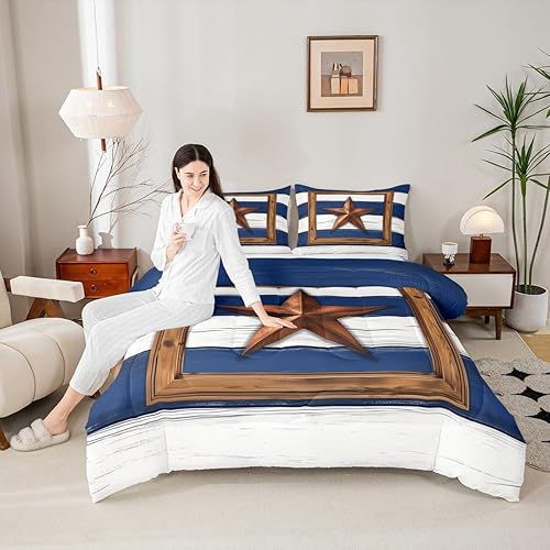 Western Texas Star Kids Comforter Set Queen Size,Vintage Wooden Plank Stripes Be