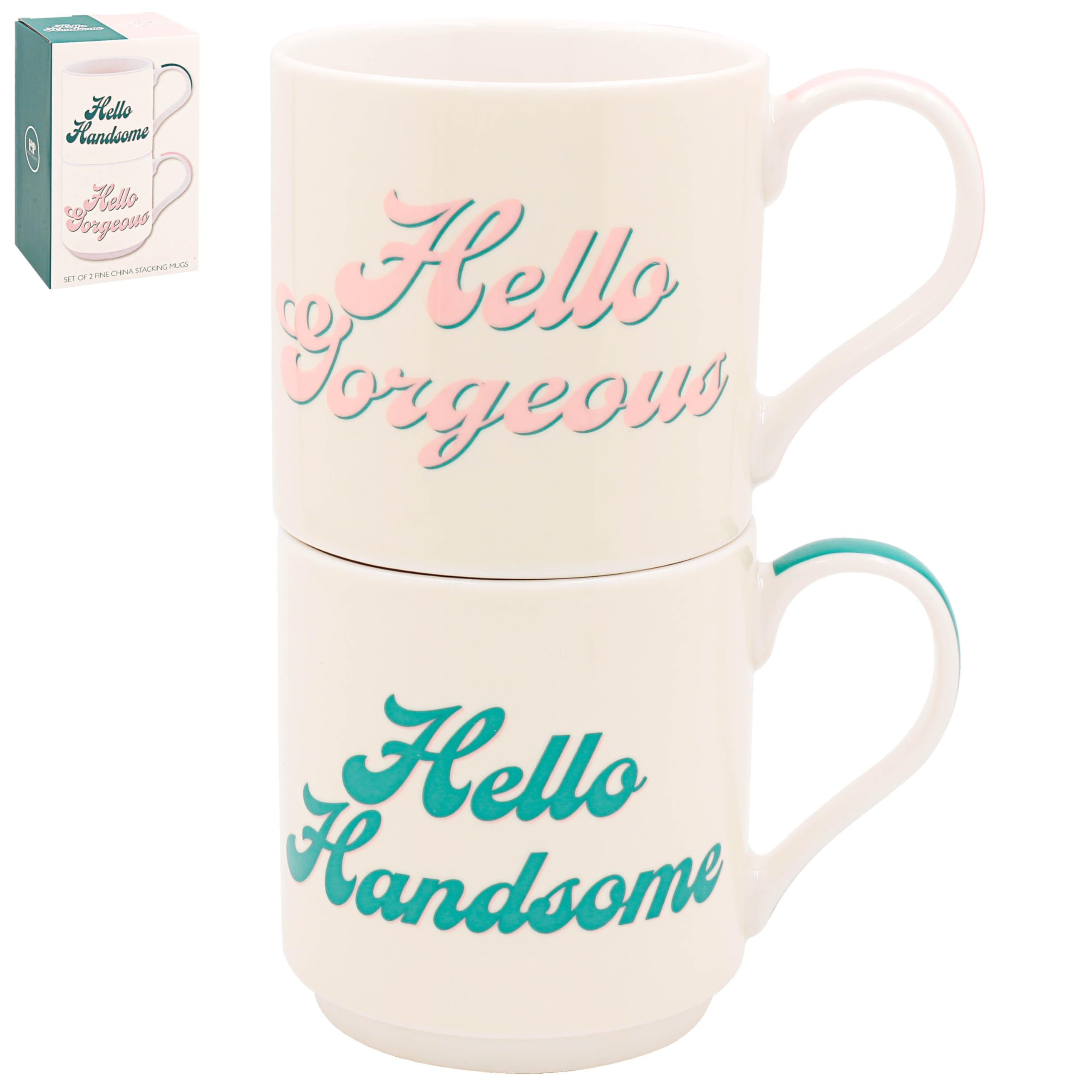 Lesser & Pavey His N Hers Hello Handsome & Hello Gorgeous Stacking Mugs Set Of 2 275ml for Coffee, Tea and Hot Drinks | Fine China Coffee Mugs for Daily Use | Practical Drinkware Gifts for Women & Men