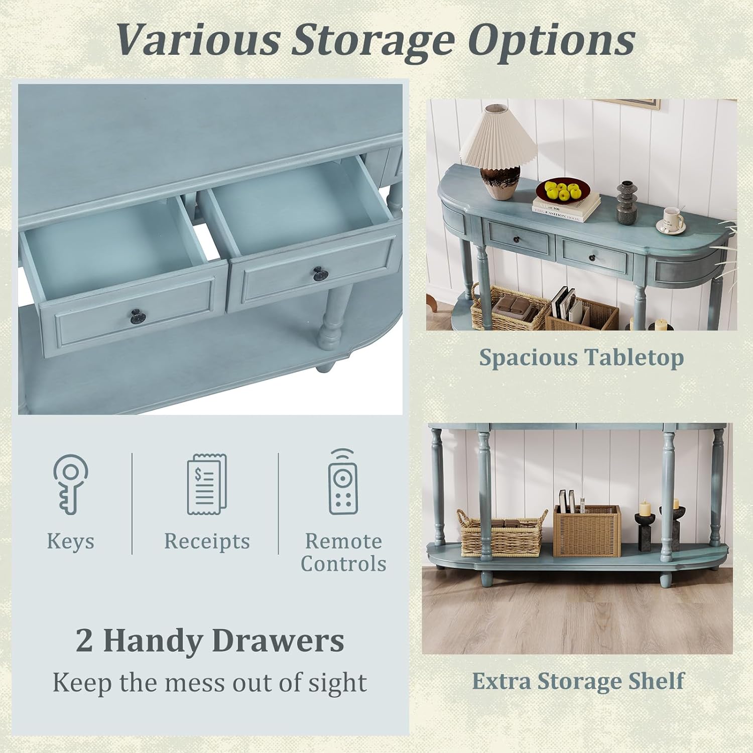 52" Blue Wood Console Table with Storage Drawers and Shelf