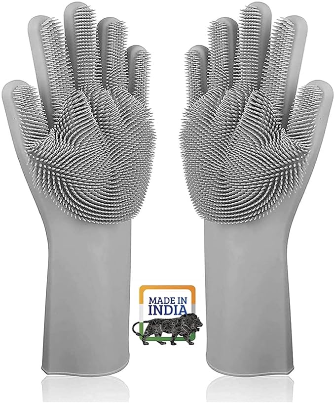 DE Silicon Dish Washing Hand Gloves for Kitchen with Brush Rubber