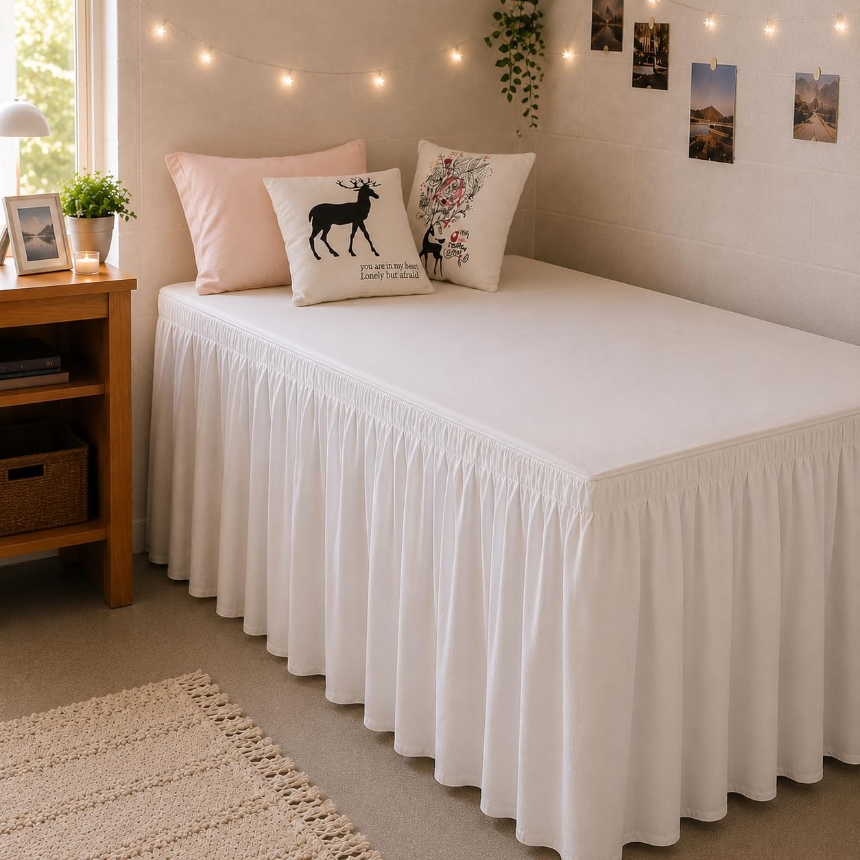 College Dorm Bed Skirt Twin XL 46 Inch Drop, White Elastic Bedskirt