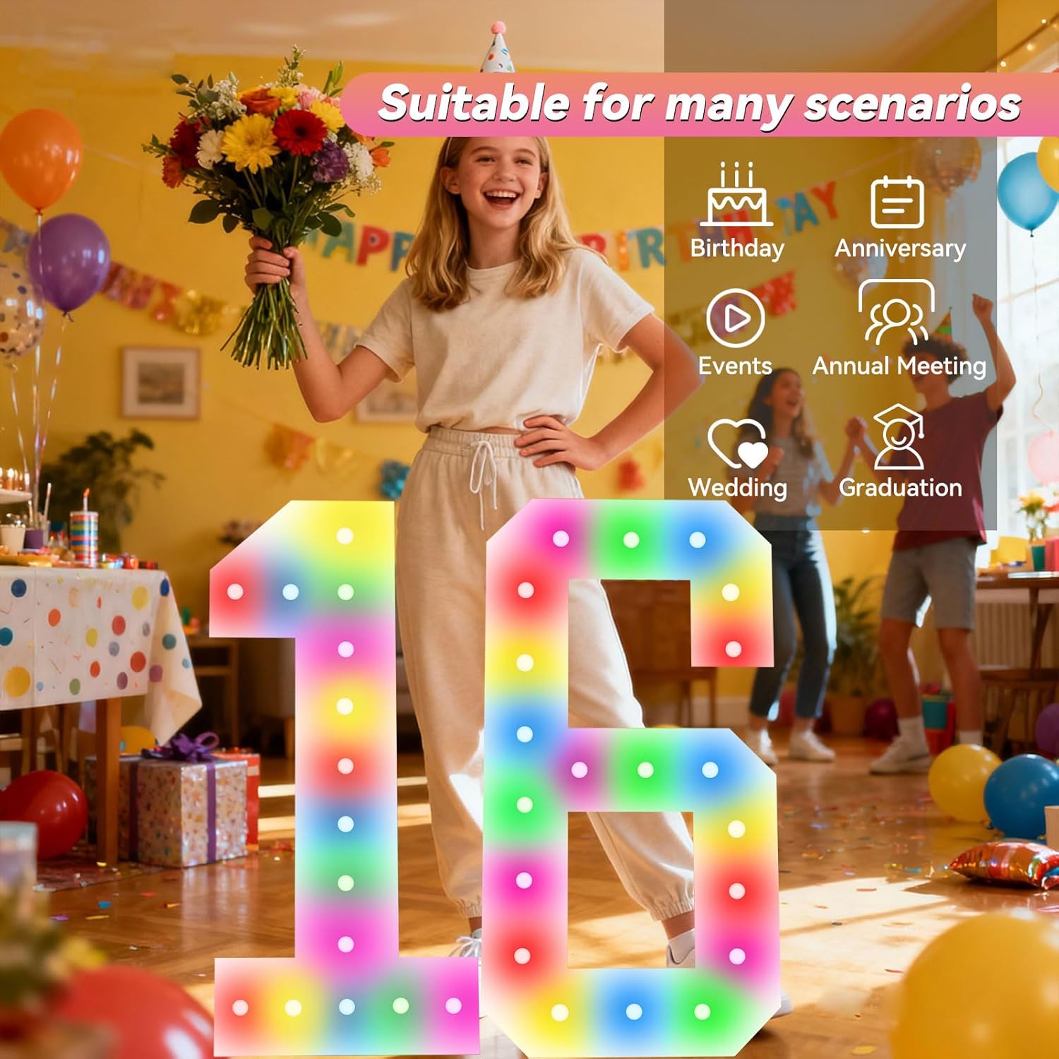 4FT Marquee Light Up Numbers, 34 Colors Changing Marquee Numbers with Remote,Water Bag, 4FT Light Up Numbers for 13th Birthday Party Decorations Backdrop Anniversary Decor, Large Number 13