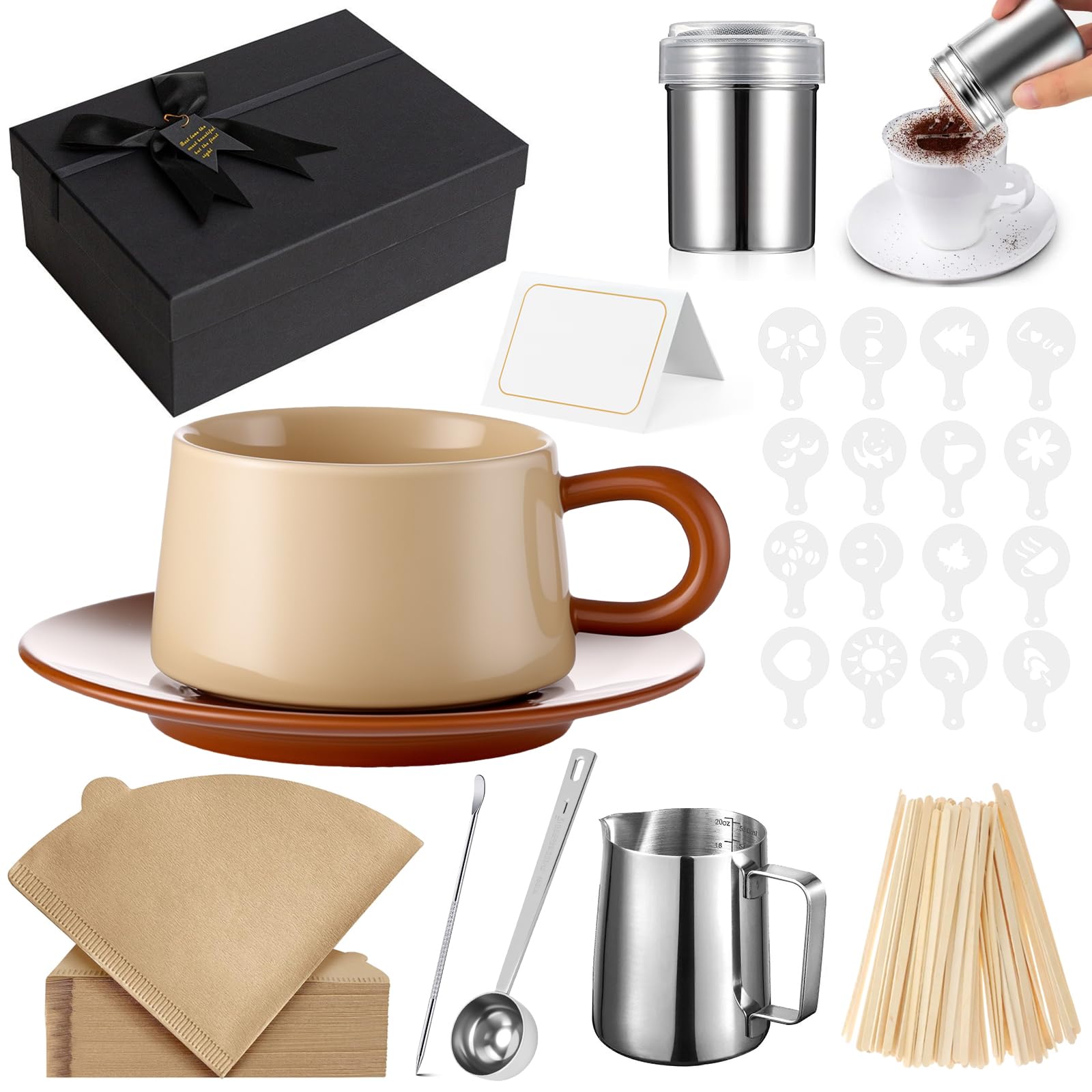Saupoudreuse cacao avec pot à lait inox 350ml durable et pochoirs design