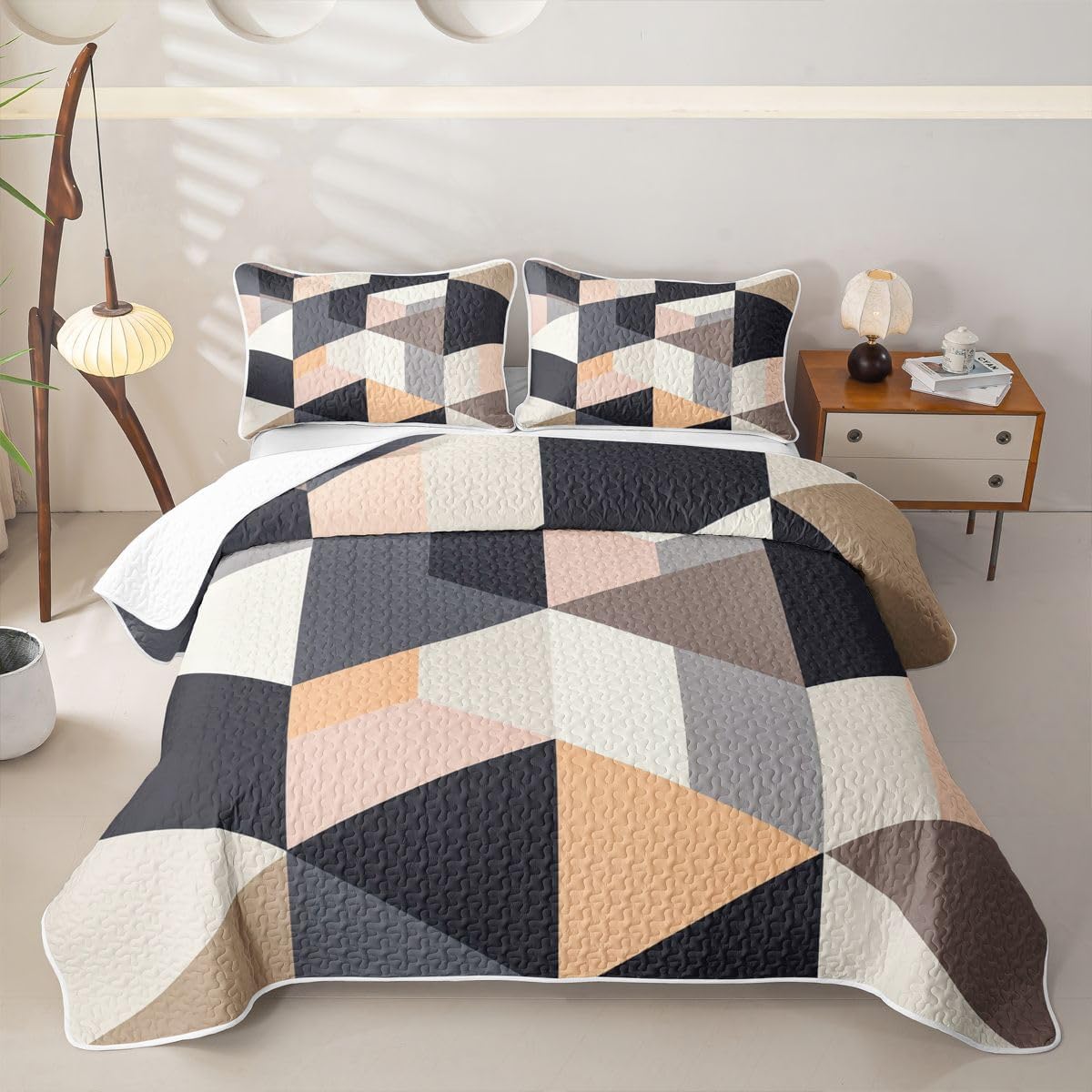Feelyou Geometric Quilt Set King Size Triangle Comforter Set for Kids Boys Girls Abstract Bedspreads with 2 Pillowcases Bedding Lightweight