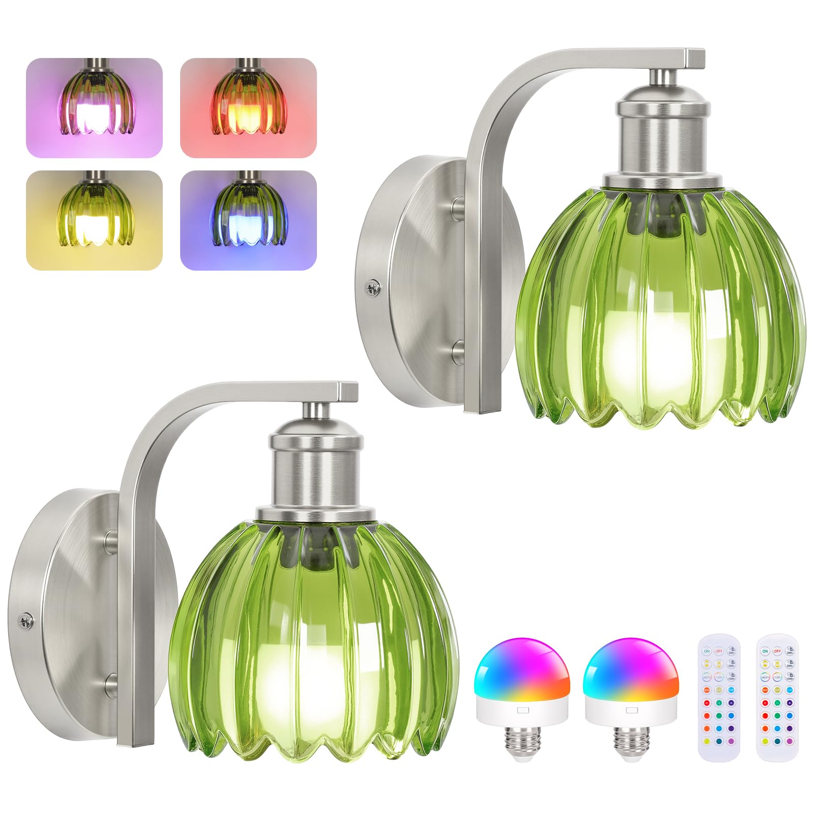 Rechargeable Battery Operated Wall Sconce Set of Two with Green Glass Lampshade