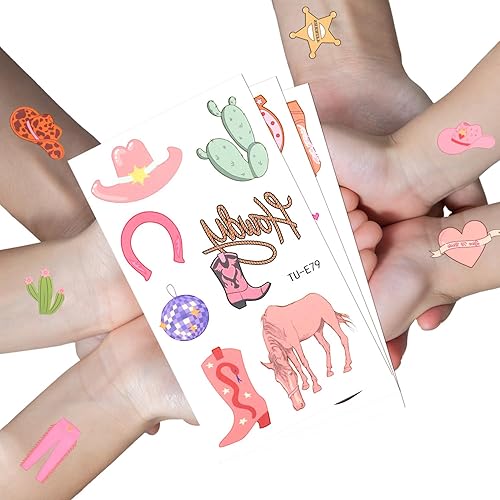 Miniatura 3 de 10 hojas de tatuajes temporales de vaquera rosa, 65 patrones retro rosa despedida de soltera tatuajes temporales de rodeo tatuajes temporales de