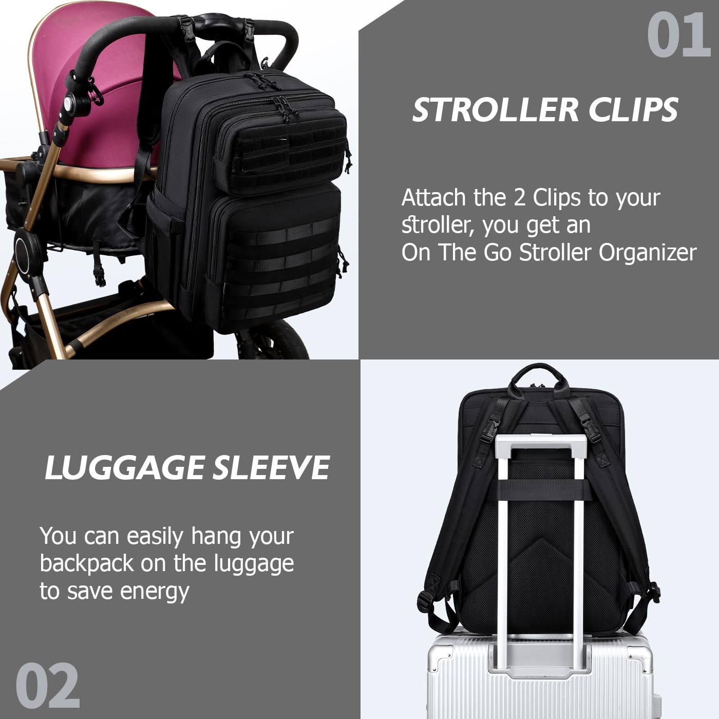 LORADI Grand sac à dos pour ordinateur portable de 15,6" avec poches isothermes, sangles de poussette, housse de voyage, travail, noir, Large, Sac à langer