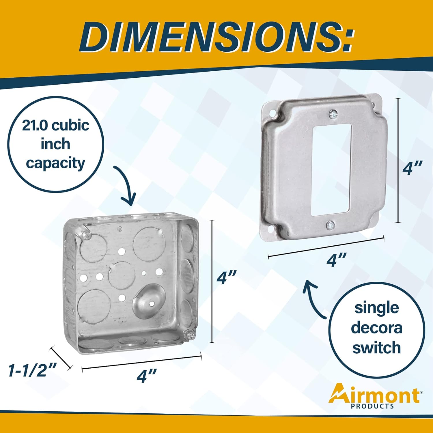 (Pack of Box and Cover) AP-12083, 4" Square Electrical Box, Single Decora Switch Exposed Work Cover, Crushed Corners, Drawn Construction, Ten 1/2" , Six 3/4" Knockouts, Raised Ground, 1-1/2" Deep, 2-gang - - 
