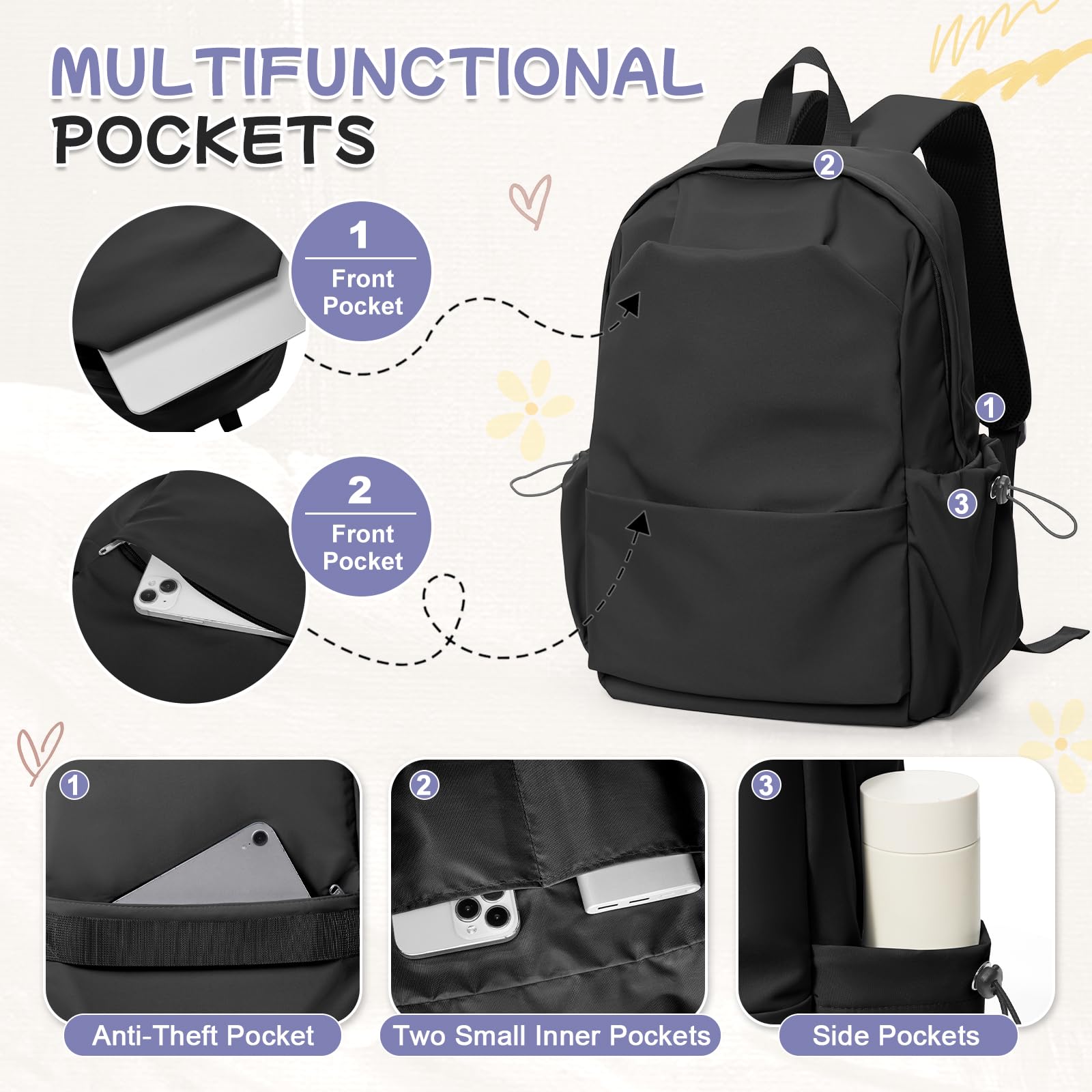 HYC00 Zaino Scuola Media Ragazza Zaino da Scuola Superiore Leggero Zaino Università College Zaino Casual Daypack Backpack Zaini Scuola Cartella Impermeabile 14 Pollici Laptop Bag Zainetto Zaini Donna