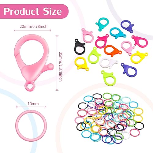Miniatura 2 de Clips de plástico duro multicolor, cierres de pinza de langosta y anillos de salto abiertos, bonitos ganchos de cordón para llavero, anillo y