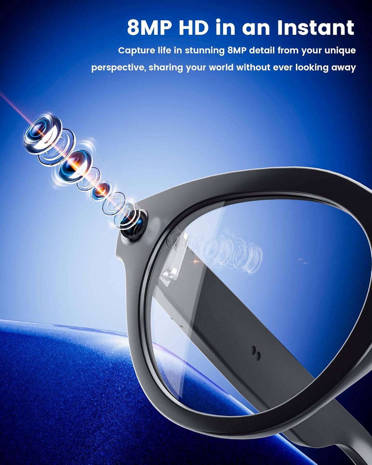 AI Smart Glasses with Camera, 8MP Camera, Real-Time Translation in 140+ Languages, 4K Video & Dual Microphone Noise Cancellation, Voice Assistant, Bluetooth 5.4, for Travel, Vlogging, Meetings
