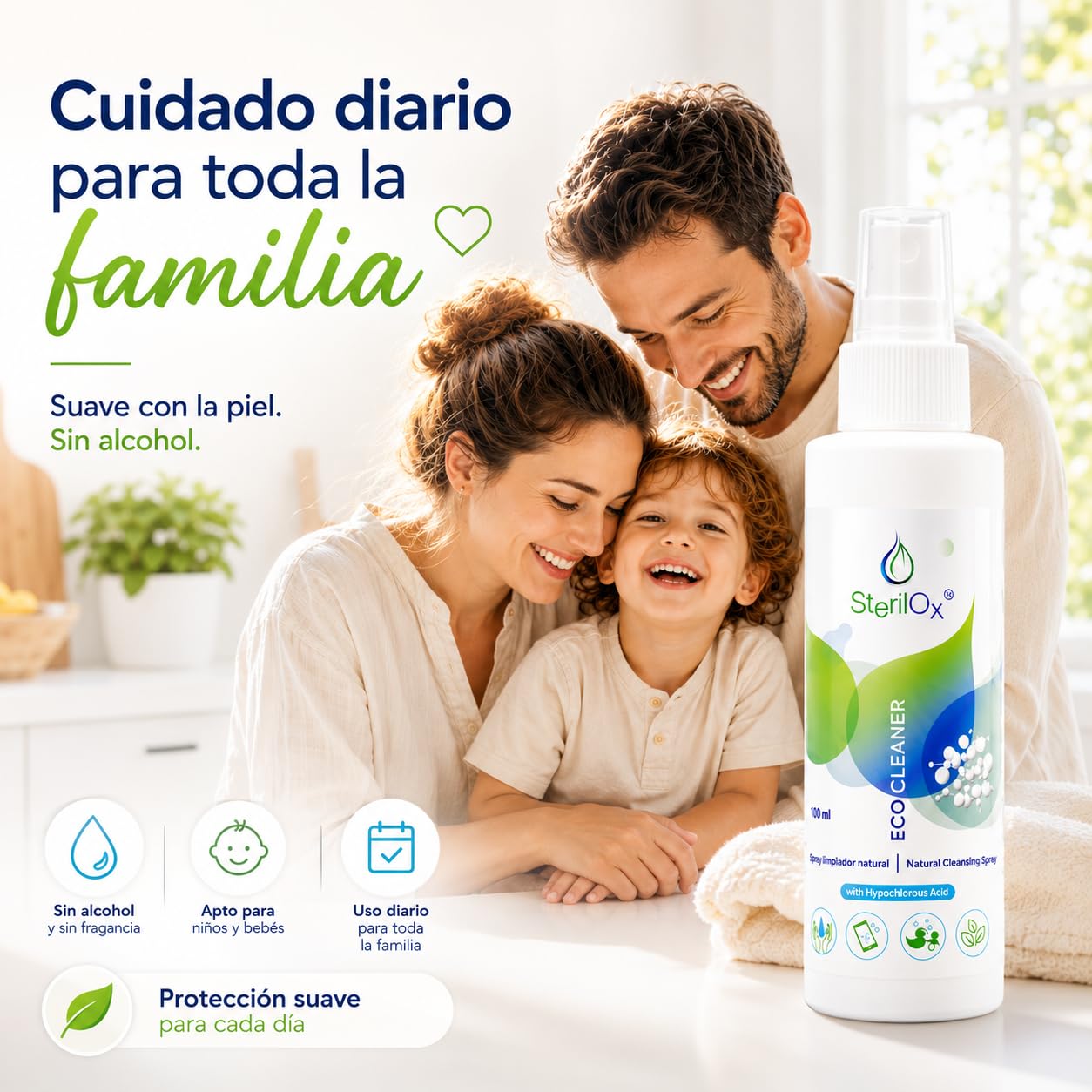 Spray Natural para la Piel y Accesorios – Con Ácido Hipocloroso (HOCl) – Sin Alcohol ni Perfume – Suave y Seguro para Bebés, Niños y Piel Sensible – 100 ml