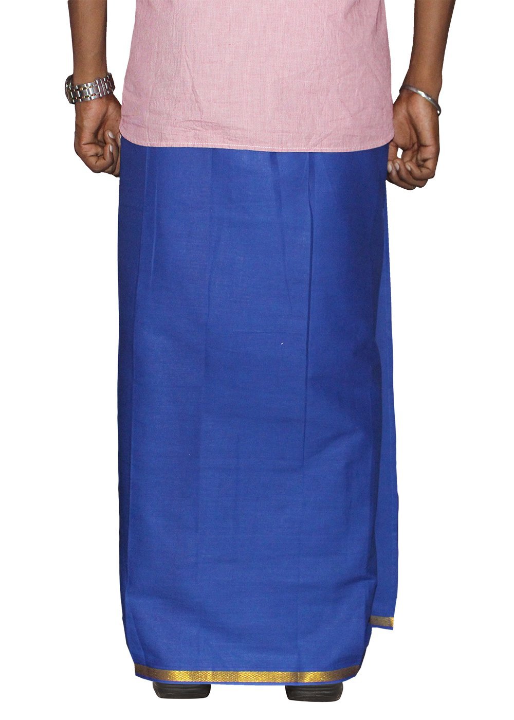 Prakasam Cotton Men's Single Blue Colour With Jari Border Welcro Pocket Dhoti (Hip Size-36)-(Length-42Inches)