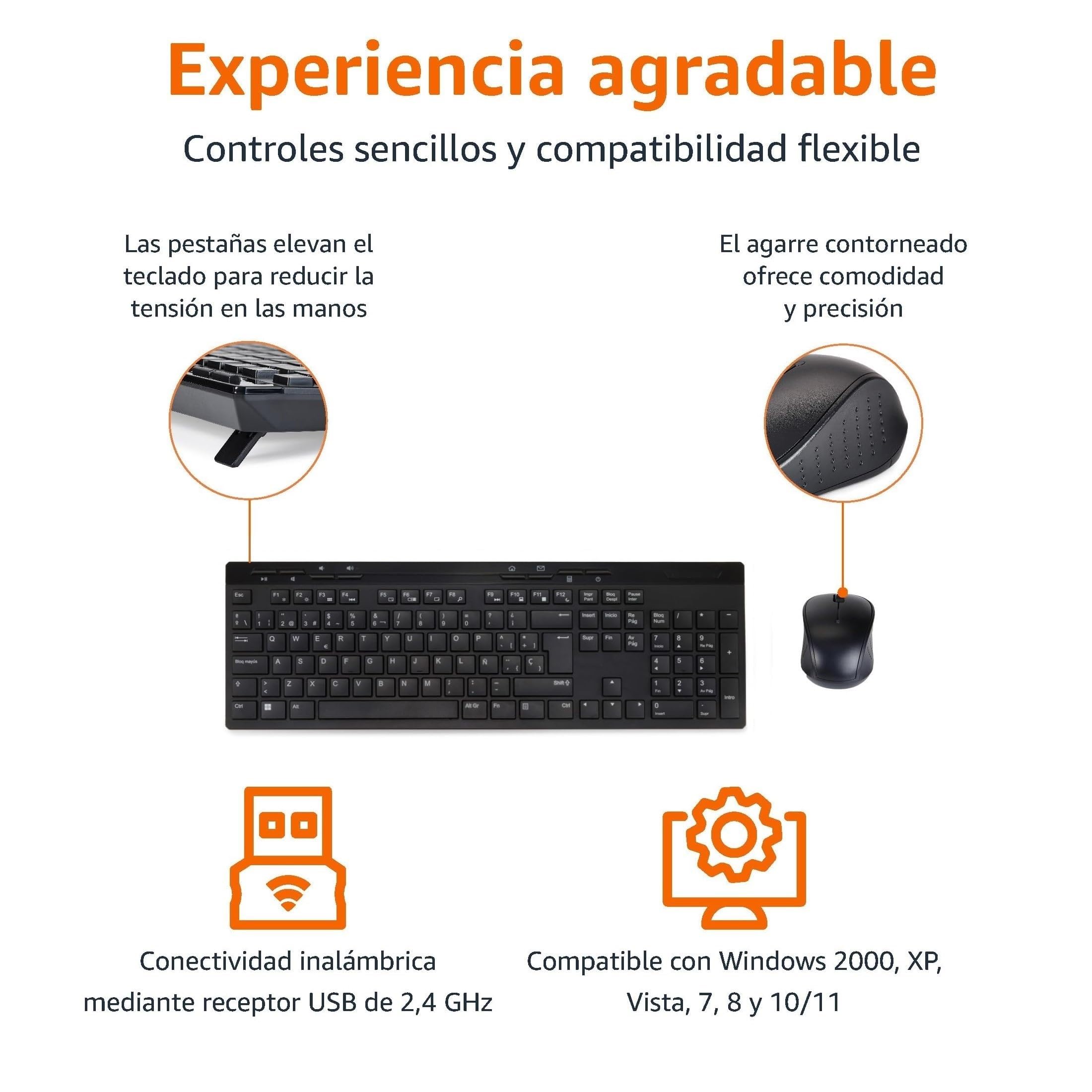 Amazon Basics Combo de Teclado y Ratón Inalámbricos de Tamaño Completo, Receptor USB de 2.4 GHz, (Teclado Español, Negro)