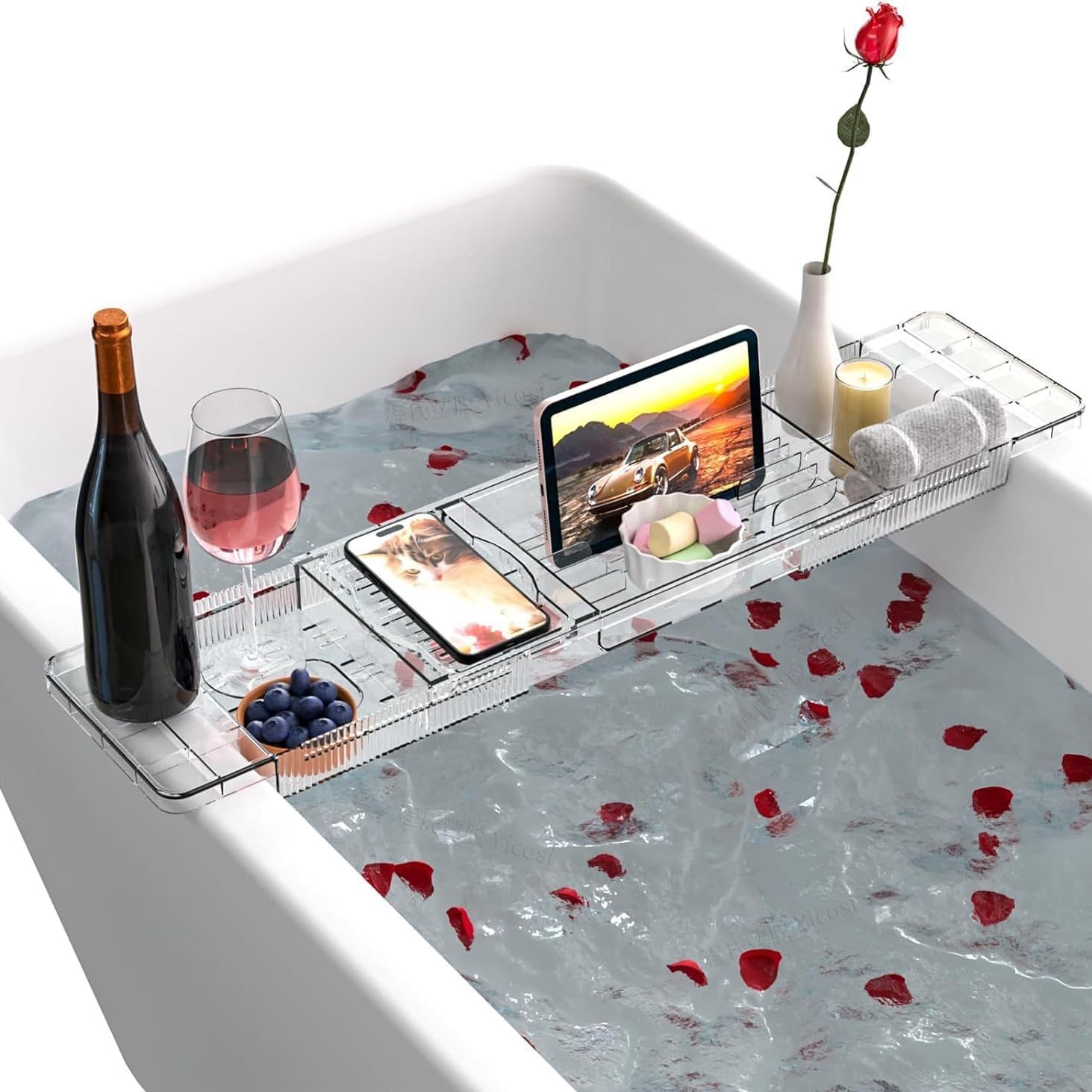 Expandable Bathtub Trays for Tub,Acrylic Bath Shelf Over Tub,with Non-Slip Design iPad Holder for Books Phone，Suitable for Bathtubs with an Internal Width of up to 28 Inch