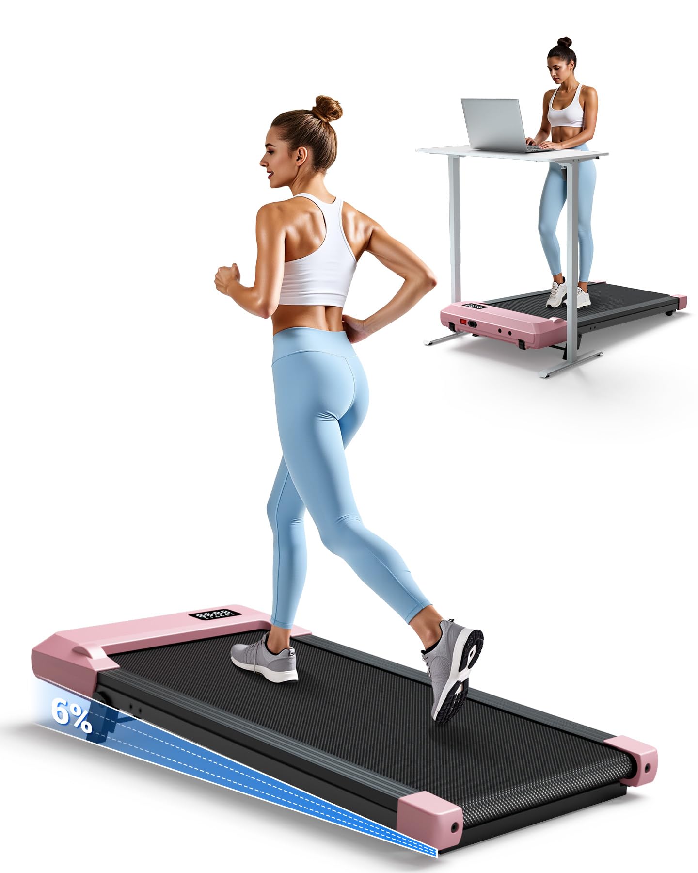 Under Desk Walking Pad Treadmill for Home & Office, 6% Manual Incline, 0.6–3.8 MPH Walking Speed, 300 lb Capacity, App & Remote Control